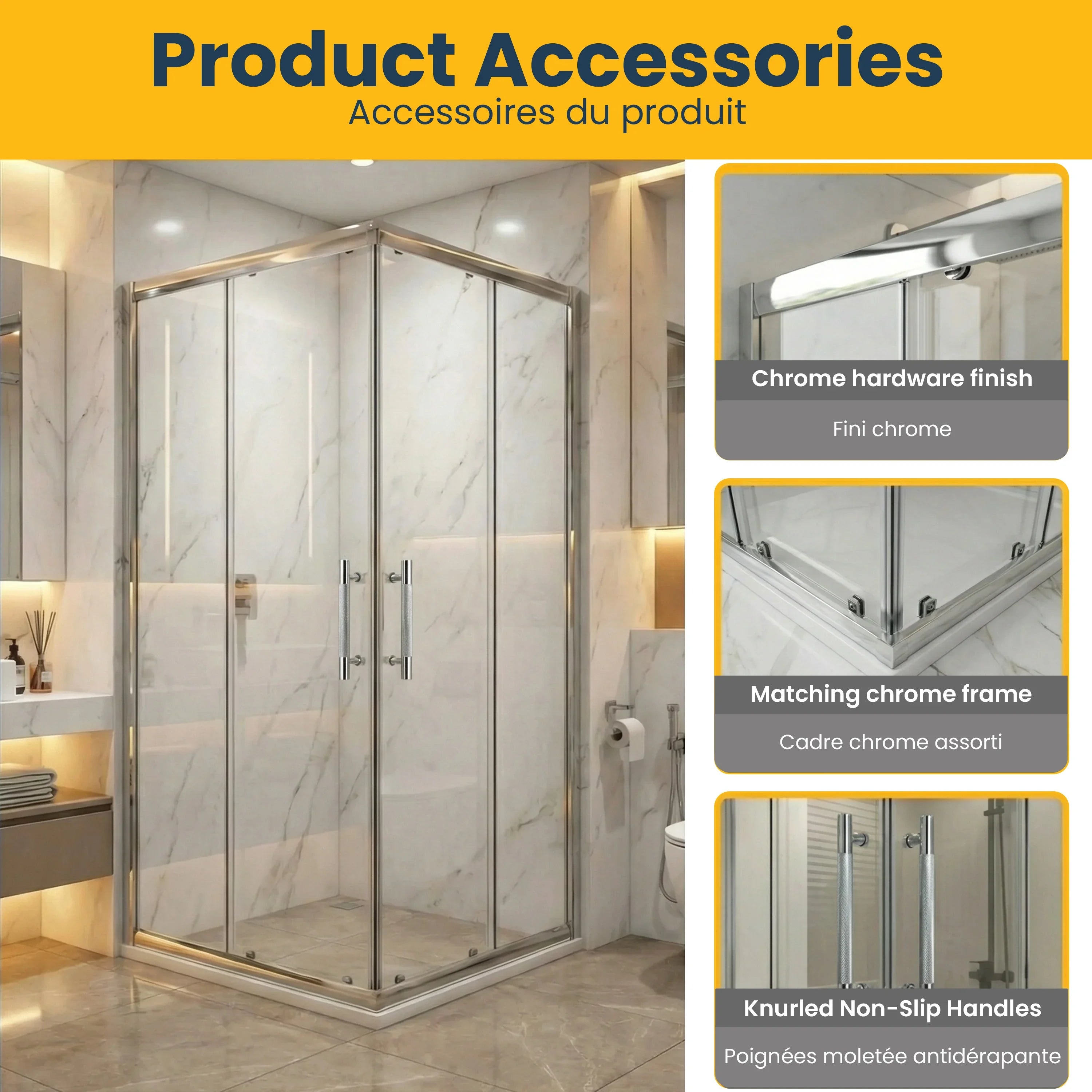 36" x 36" x 79" Chrome Reversible Corner Sliding Shower Door with Clear Tempered Glass