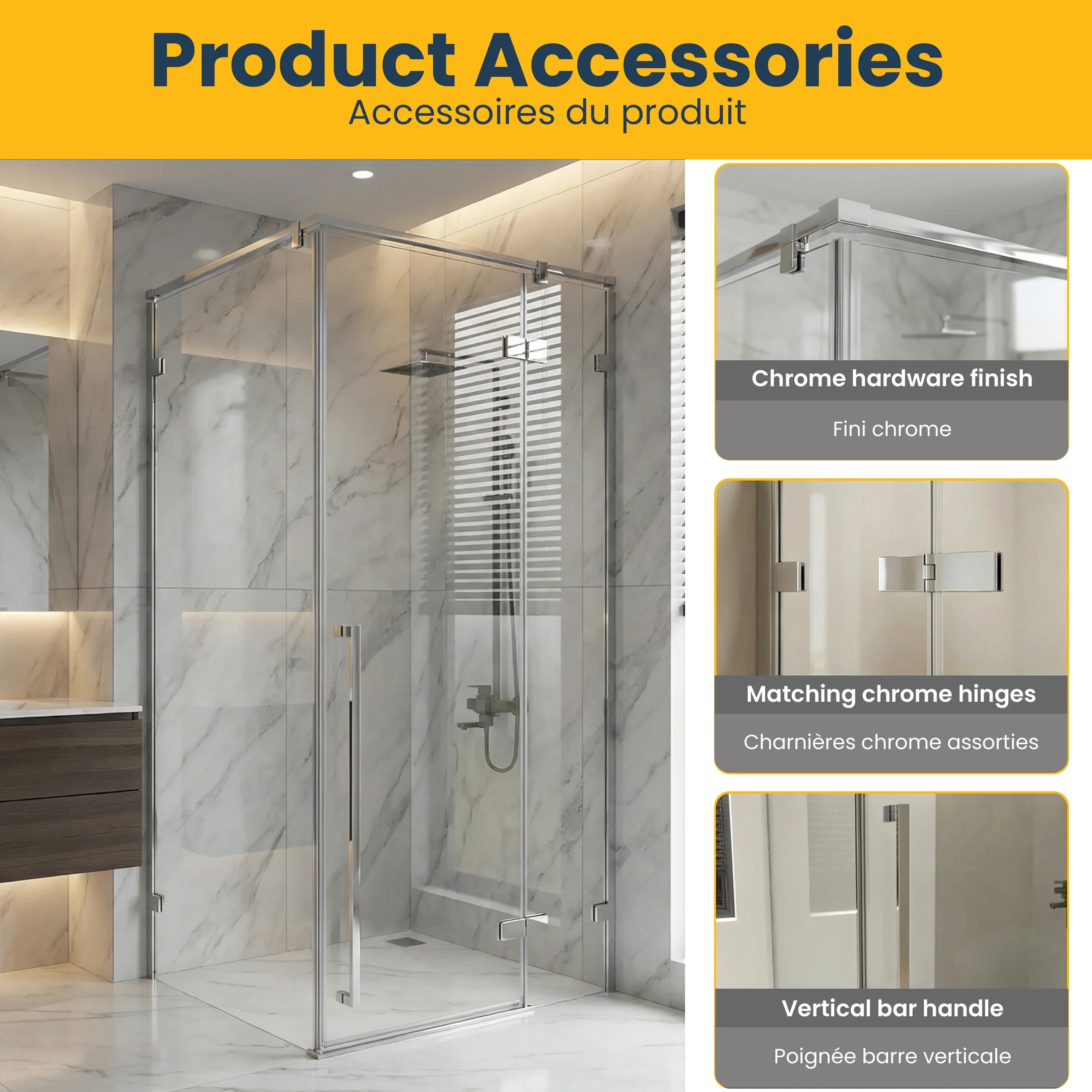 45.6"–46" x 79" Chrome Reversible Pivot Shower Door with 34.1"–34.5" Side Panel – Clear Tempered Glass