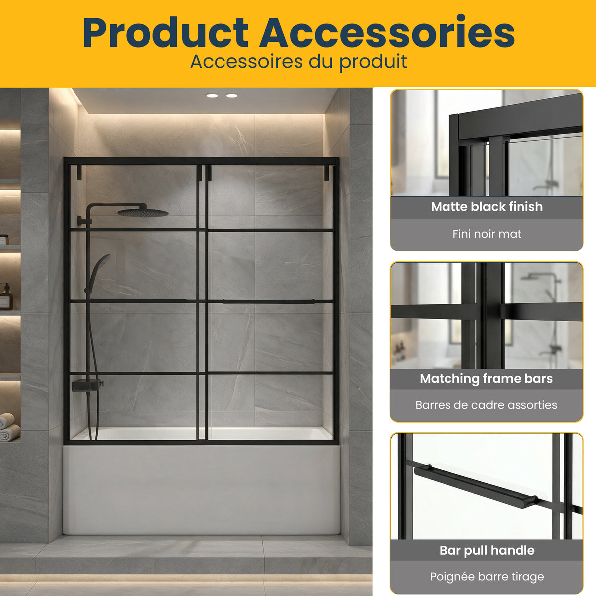 60" x 66" Matte Black Framed Sliding Bathtub Door with Grid Design - Reversible