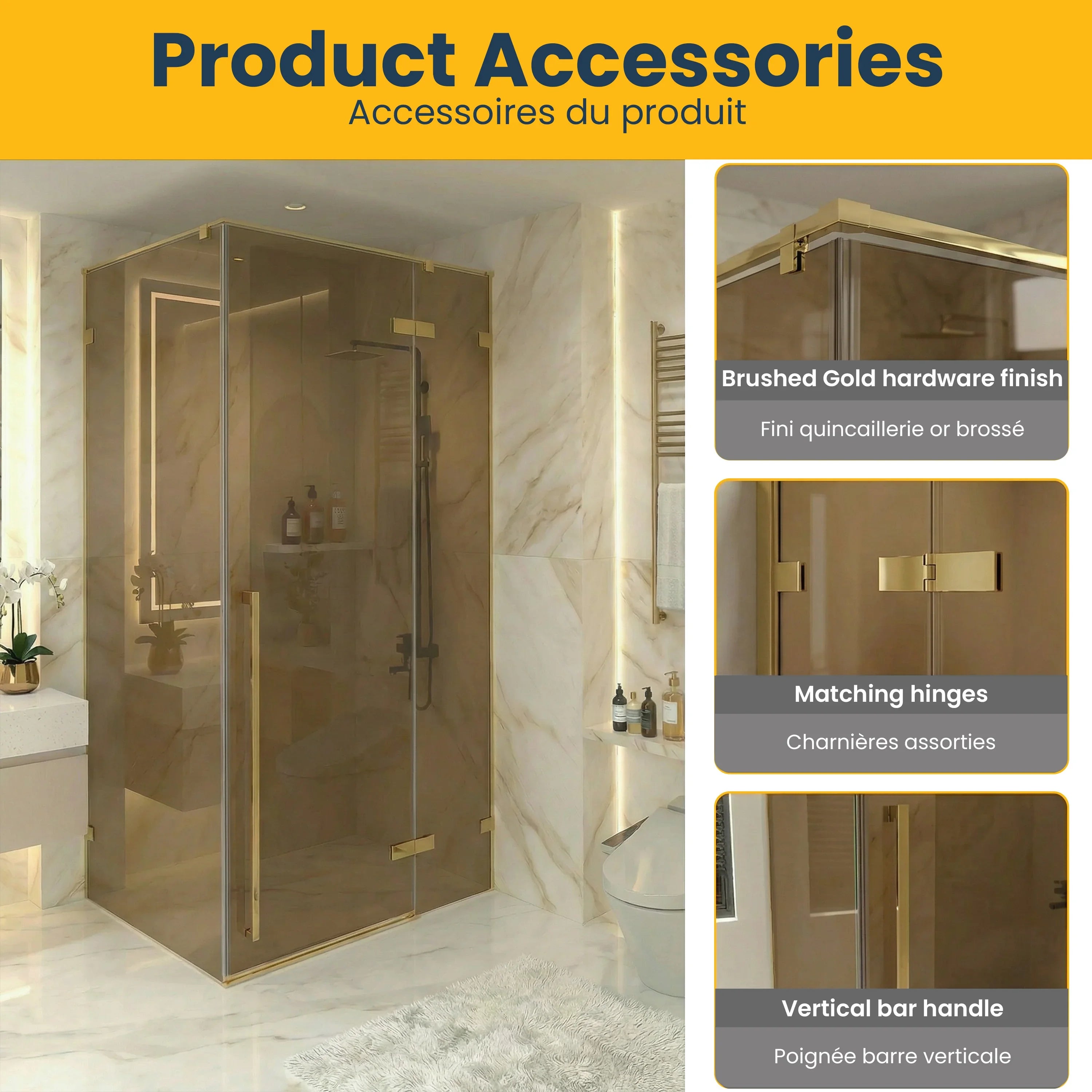 45.6"–46" x 79" Brushed Gold Reversible Pivot Shower Door with Brown Tinted Glass and 34.1"–34.5" Side Panel