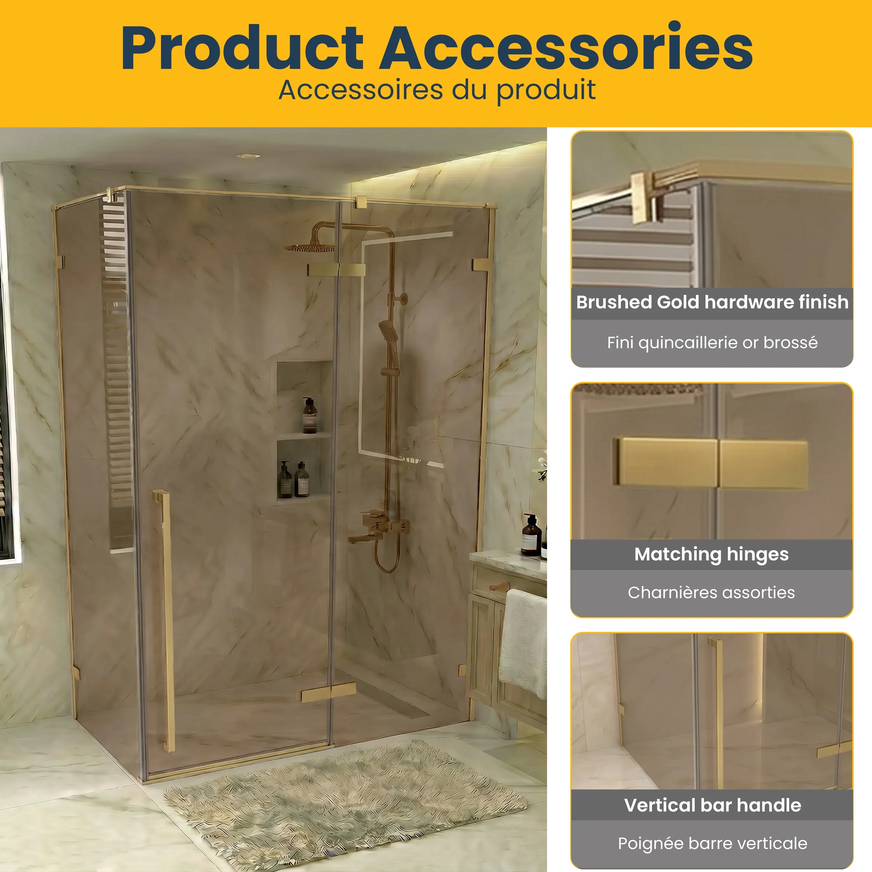 57.6"–58" x 79" Brushed Gold Reversible Pivot Shower Door with Brown Tinted Glass & 30.2"–30.5" Side Panel