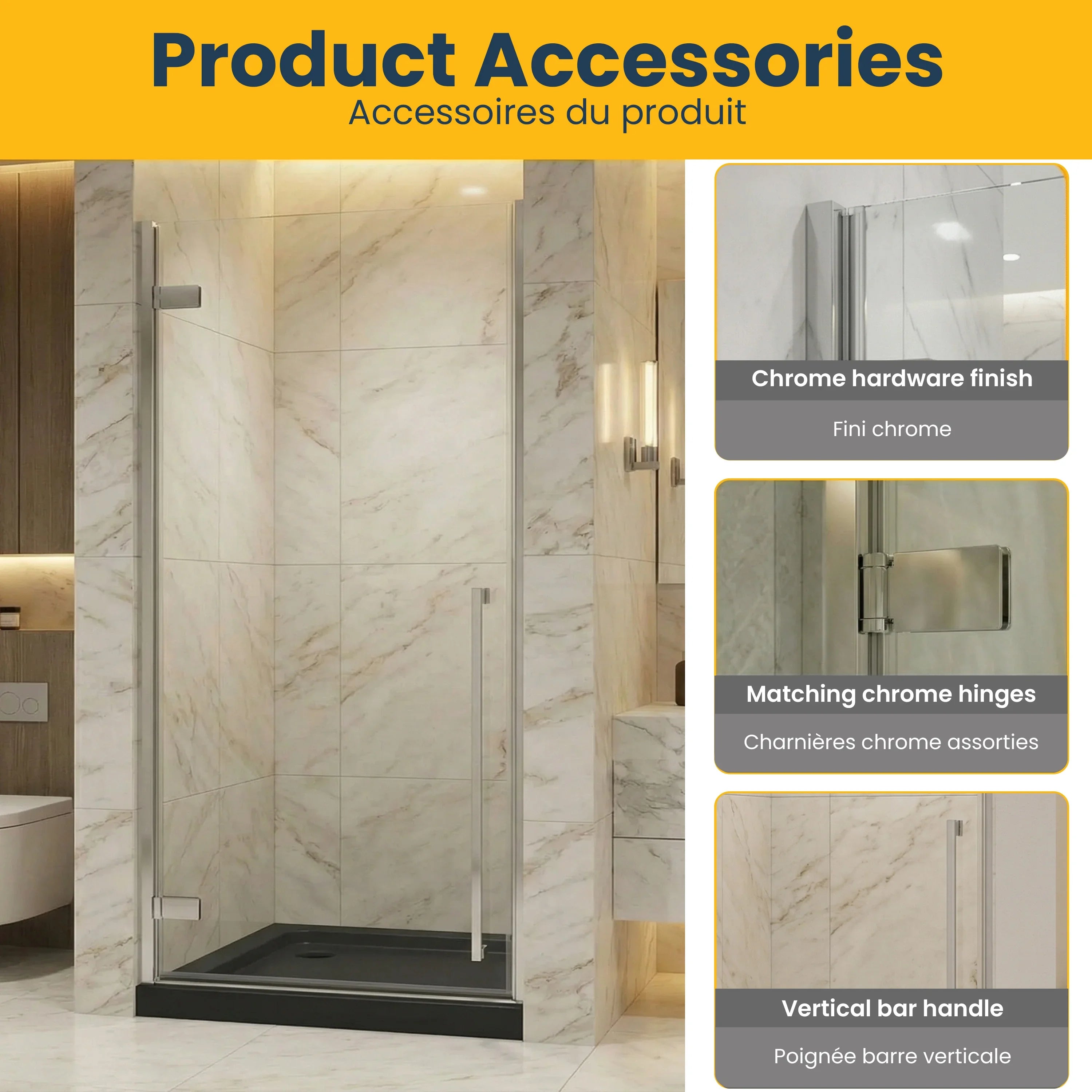 36" x 79" Chrome Pivot Shower Door with 36" Glossy Black Acrylic Base