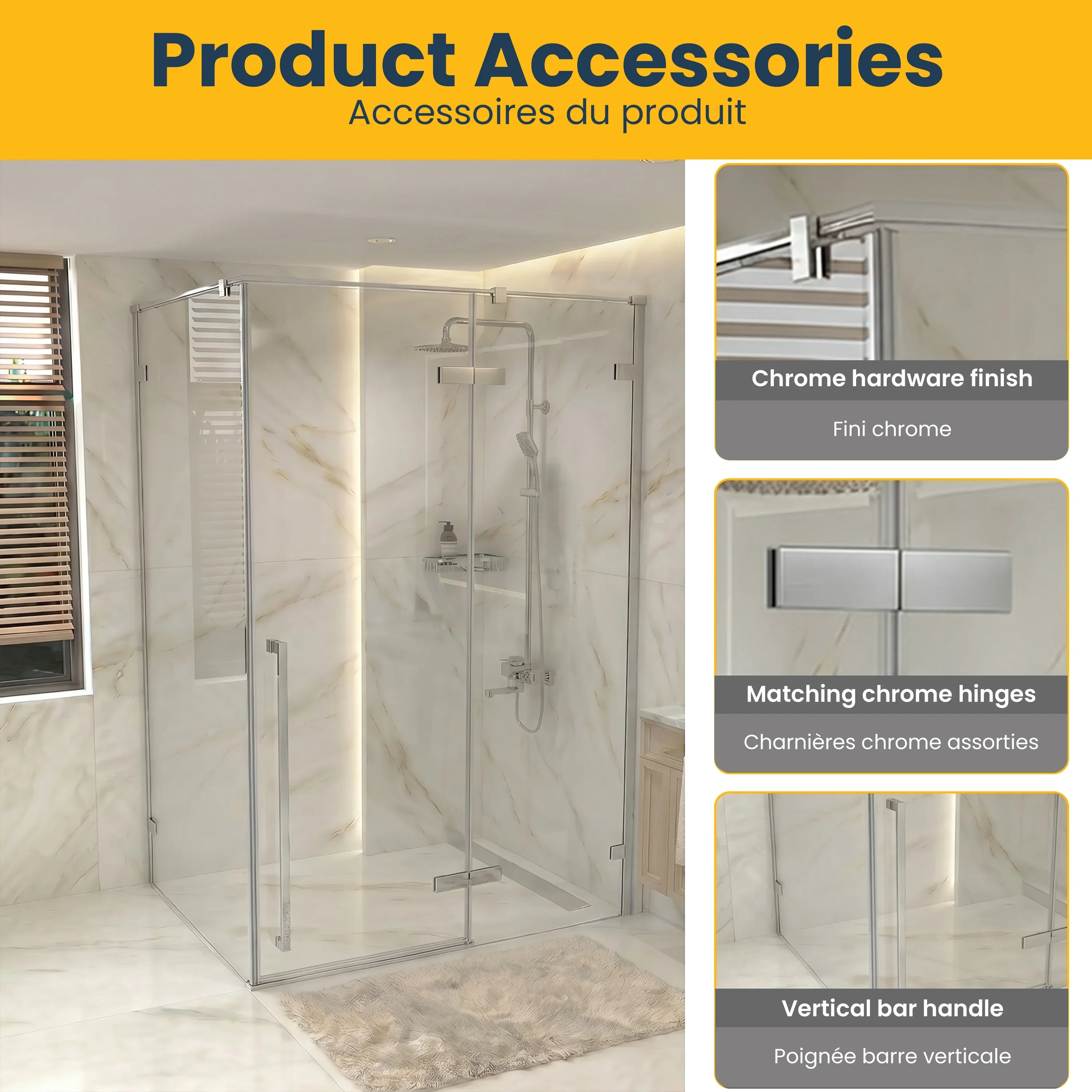 57.6"–58" x 79" Chrome Reversible Pivot Shower Door with 34.1"–34.5" Side Panel - Clear Glass