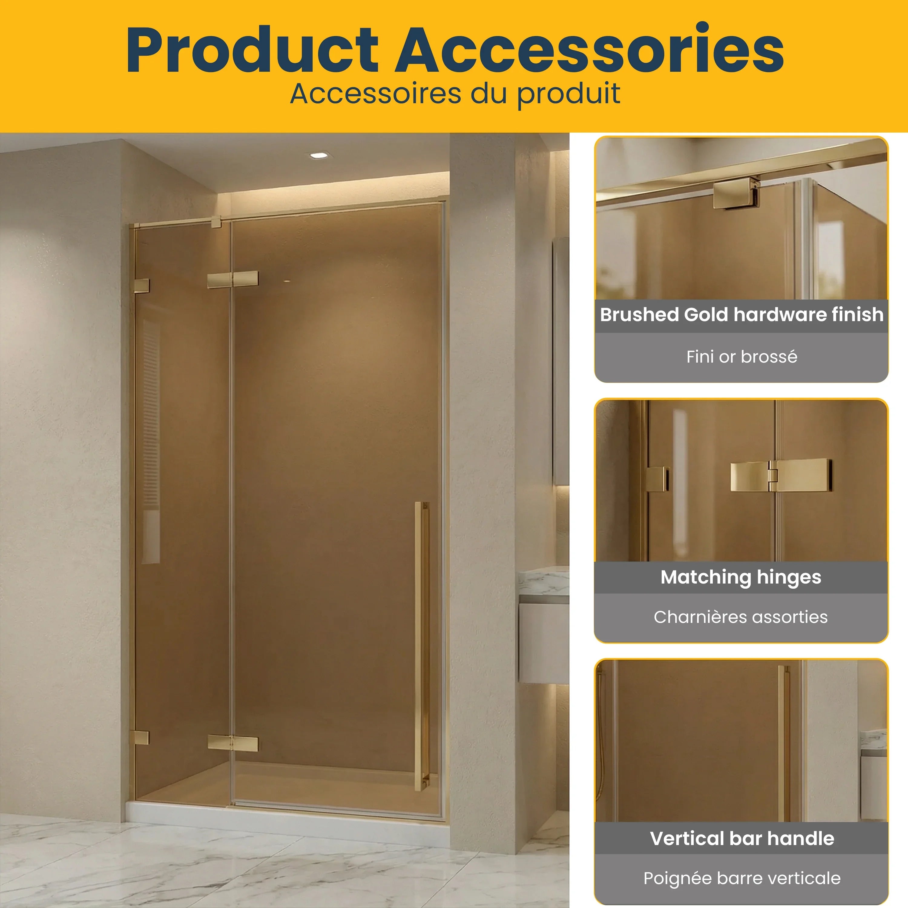 Porte de Douche Pivotante Réversible 48 x 79 po en Or Brossé avec Verre Teinté Brun