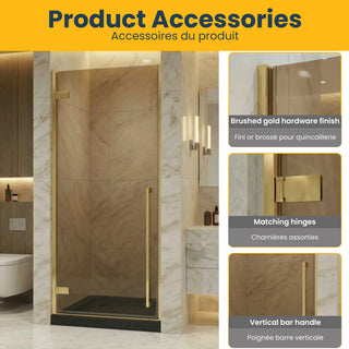 32 po x 79 po Porte de Douche Pivotante Or Brossé Réversible avec Verre Teinté Brun et 32 po x 32 po Base de Douche en Acrylique Noir Brillant avec Drain au Coin