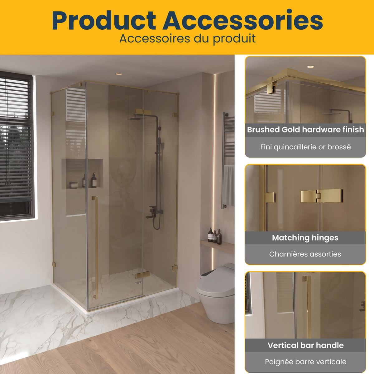 45.6"–46" W (Adjustable Width) x 79" H Frameless Reversible Pivot Shower Door in Brushed Gold with Brown Tinted Glass & 30.2"–30.5" Side Panel