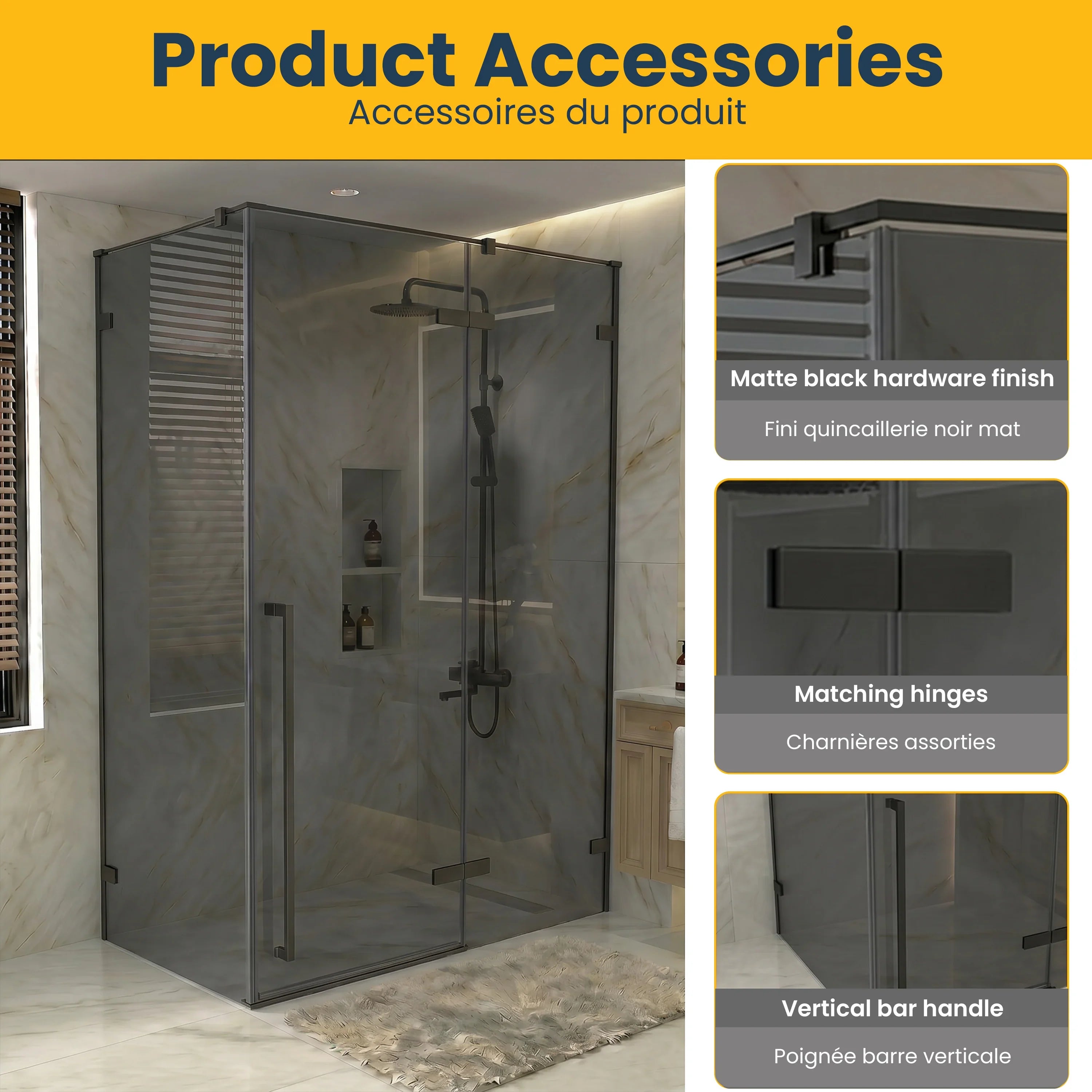 Porte de douche pivotante réversible 57,6po–58po noir mat avec verre teinté noir et panneau latéral 30,2po–30,5po