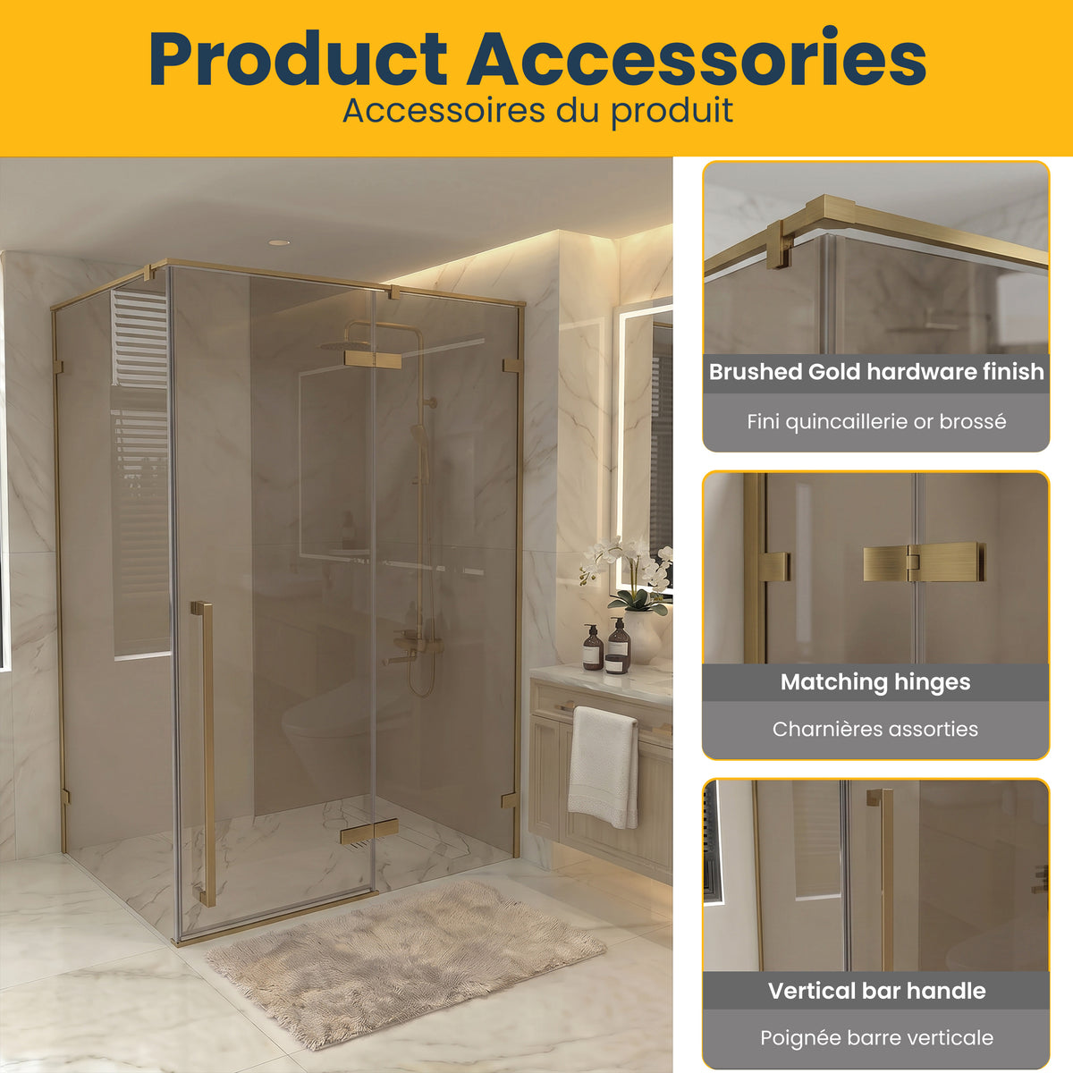 57,6po–58po L (largeur ajustable) x 79po H Porte de douche pivotante réversible sans cadre en or brossé avec verre teinté brun et panneau latéral 30,2po–30,5po