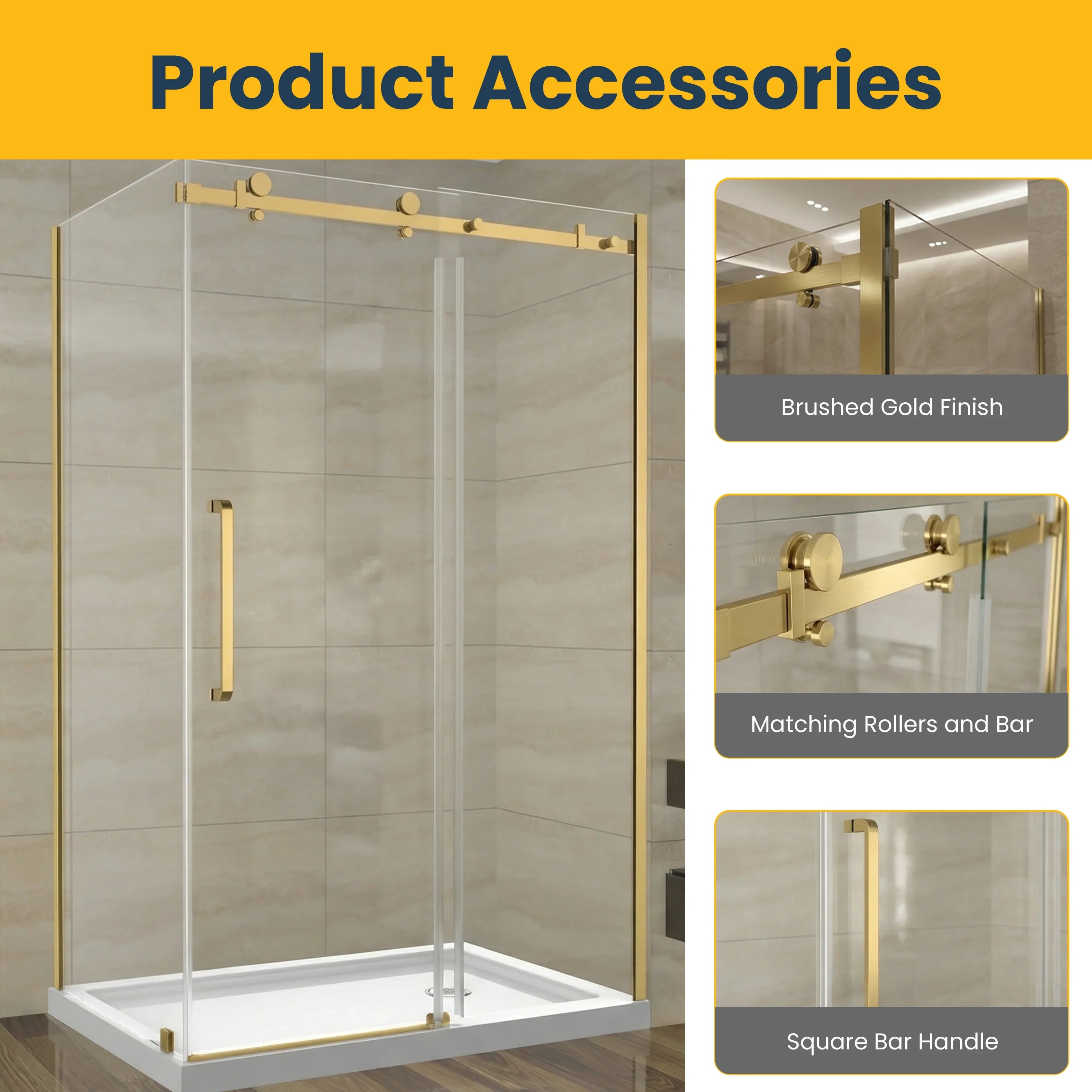 48" x 36" Brushed Gold Reversible Sliding Shower Door with 10mm Tempered Glass