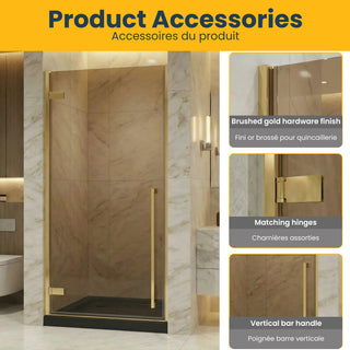 36" x 79" Reversible Pivot Shower Door in Brushed Gold with Brown Tinted Glass and 36" x 36" Glossy Black Acrylic Shower Base with Corner Drain