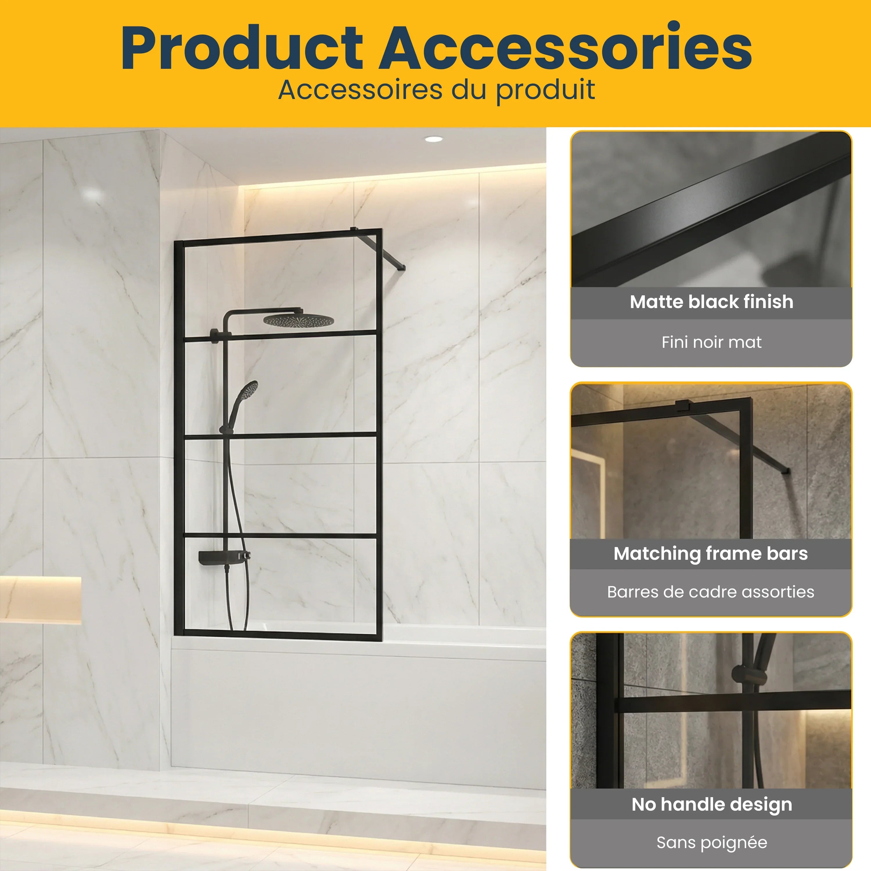 32" x 66" Fixed Reversible Matte Black Bathtub Panel with Clear Tempered Glass