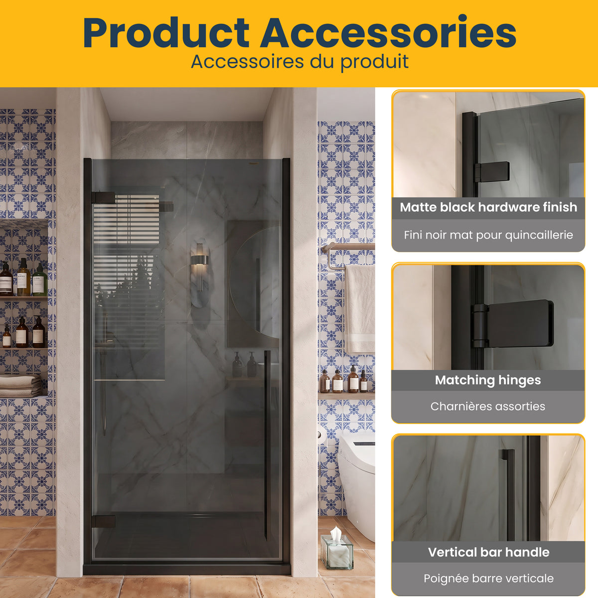 33.9"–34.3" W (Adjustable Width) x 79" H Frameless Reversible Pivot Shower Door in Matte Black with Black Tinted Glass & 36" Black Acrylic Base