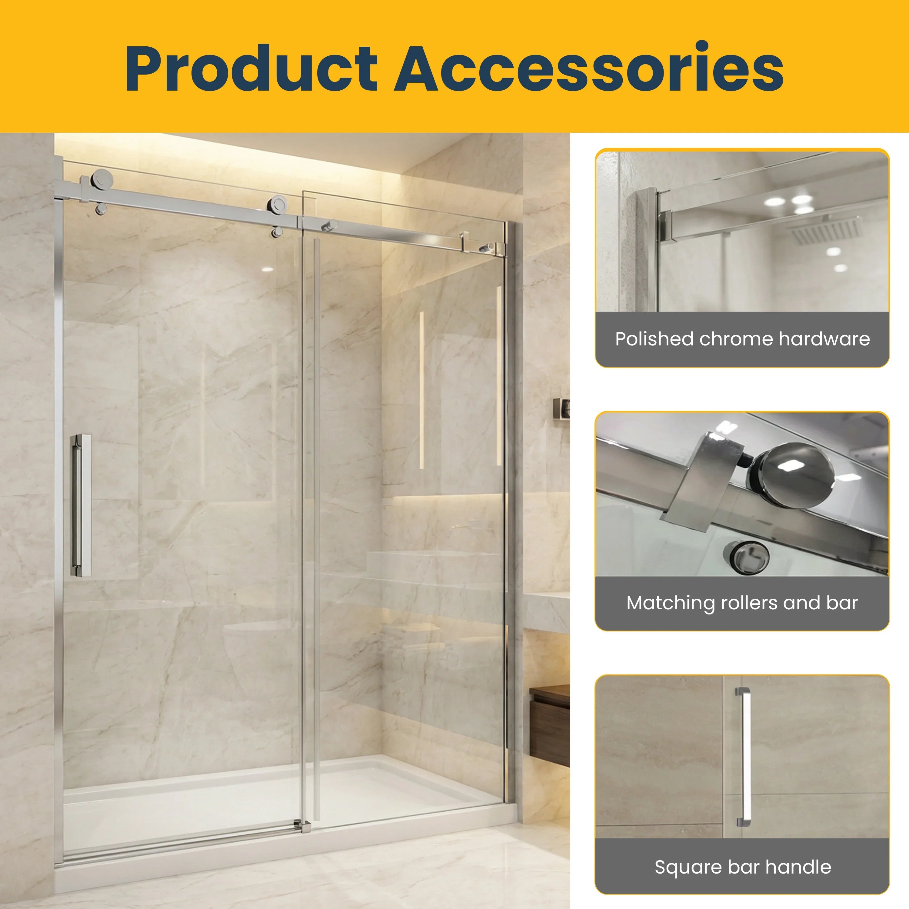 60" x 75" Alcove Reversible Sliding Shower Door with Square Chrome Hardware – 10mm Tempered Glass