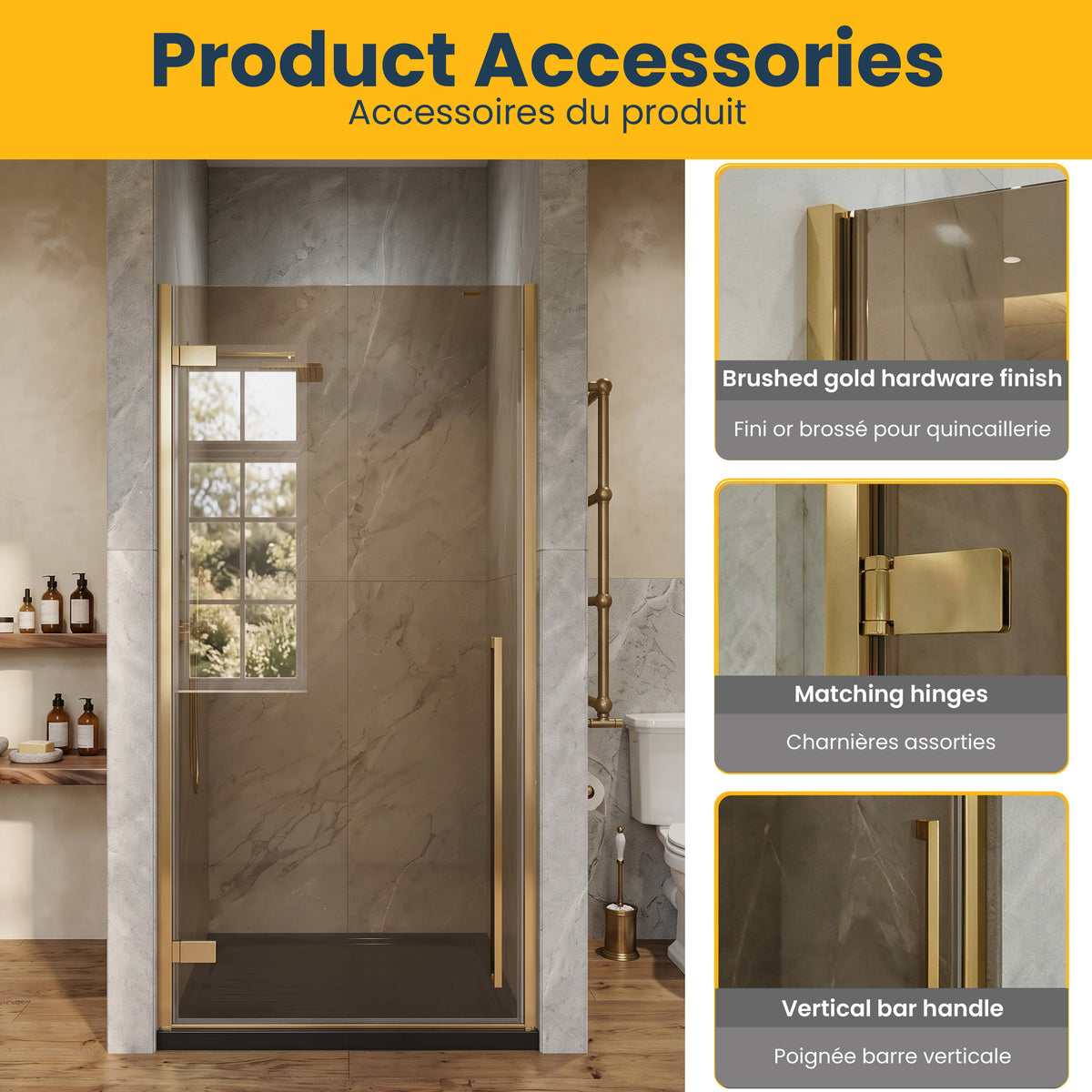 33,9po–34,3po L (largeur ajustable) x 79po H Porte de douche pivotante réversible sans cadre en or brossé avec verre teinté brun et base de douche noire brillante