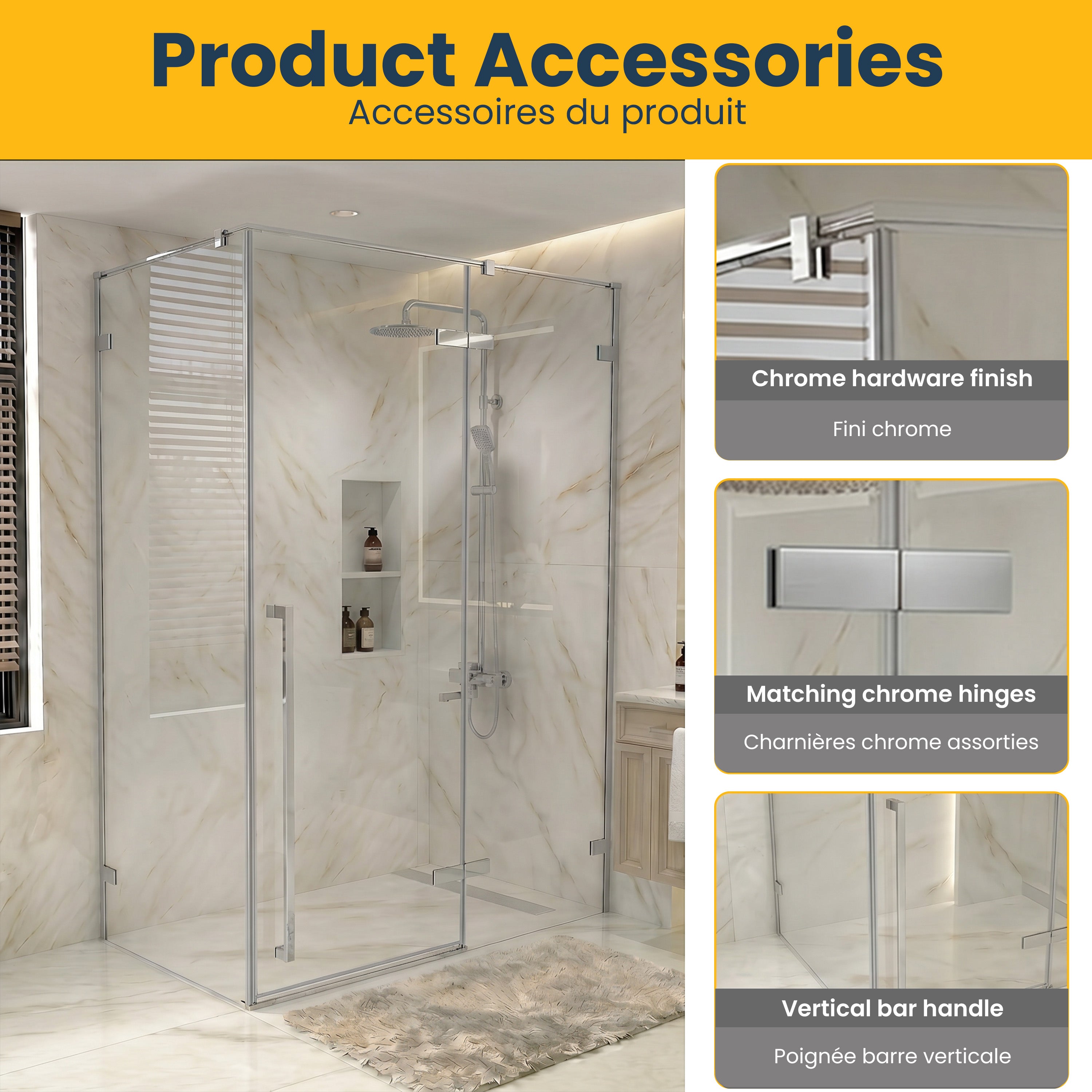 Porte de douche pivotante chromée 60po x 79po avec panneau latéral 32po - Verre trempé clair