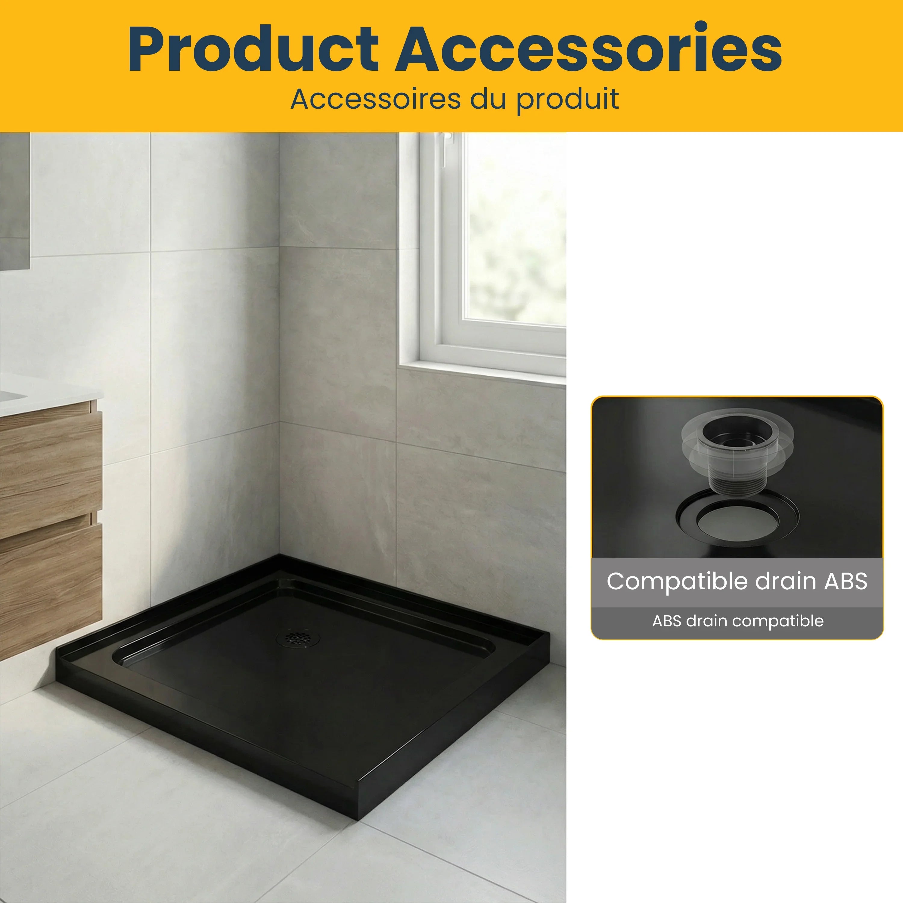 Base de douche acrylique noir brillant 36po x 36po avec drain d'angle