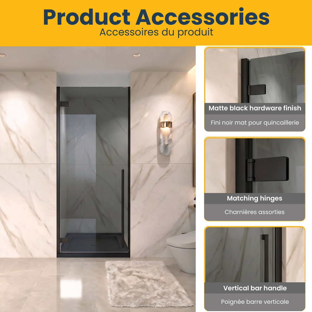 29.9"–30.3" W (Adjustable Width) x 79" H Frameless Reversible Pivot Shower Door in Matte Black with Black Tinted Glass and 32" Glossy Black Acrylic Shower Base
