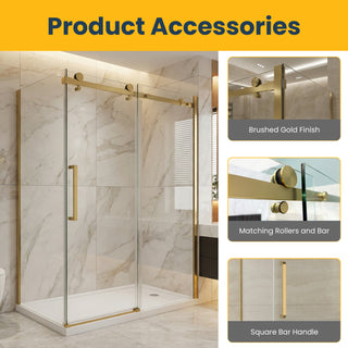 60" x 36" x 75" x 10mm Reversible Sliding Shower Door Square Design Hardware in Brushed Gold with 36" Side Panel