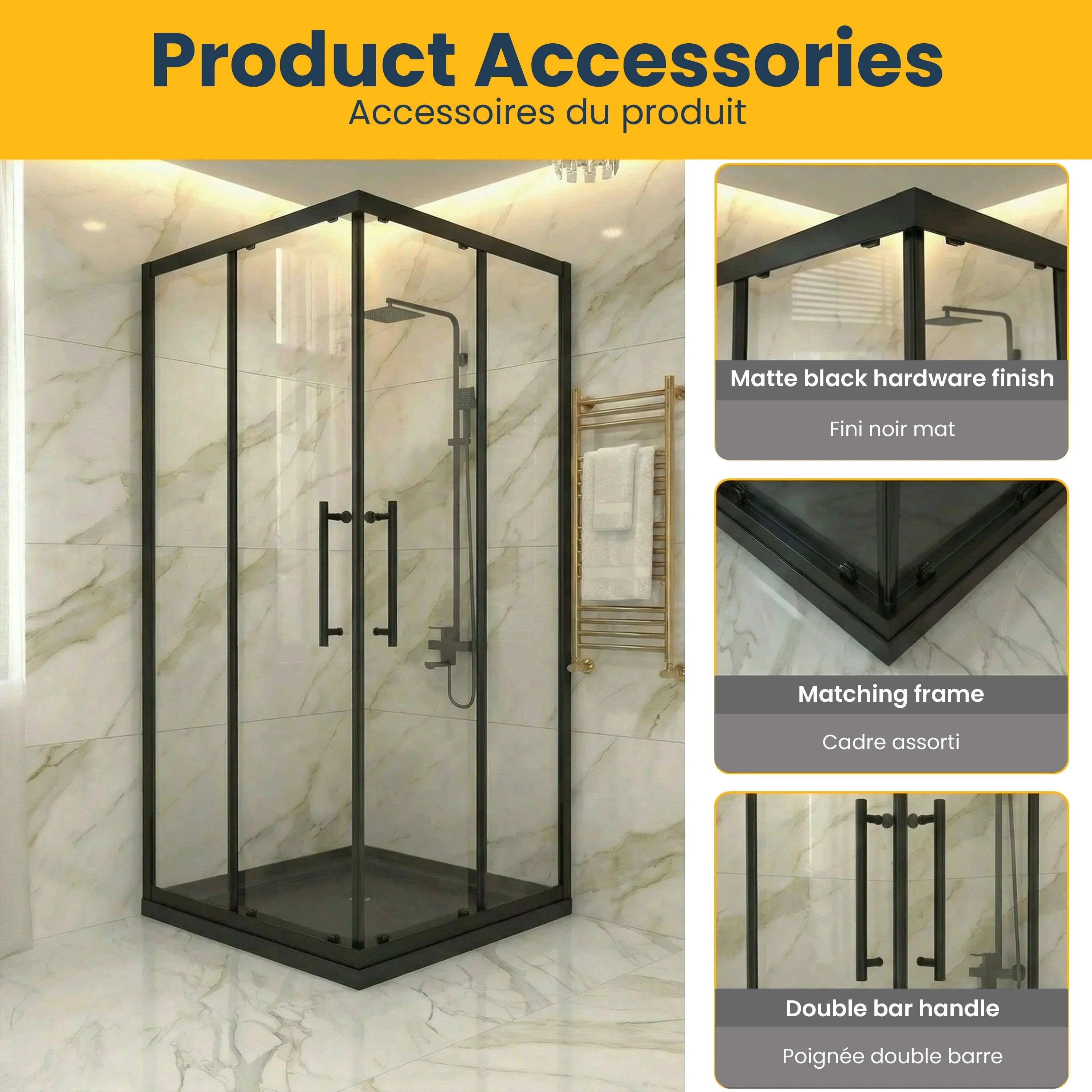 Porte de douche coin coulissante 36po x 36po noir mat réversible avec base acrylique noire brillante