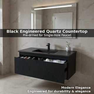 48" Black Wall Mount Bathroom Vanity with Black Engineered Quartz Countertop