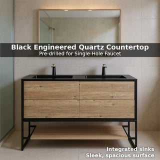 Meuble-Lavabo Mural 60po Noir et Chêne Brut avec Comptoir de Quartz d'ingénierie Noir 