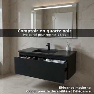 48" Black Wall Mount Bathroom Vanity with Black Engineered Quartz Countertop
