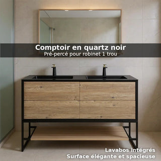 Meuble-Lavabo Mural 60po Noir et Chêne Brut avec Comptoir de Quartz d'ingénierie Noir 