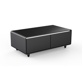 Table Basse Intelligente avec Tiroirs Réfrigérés et Haut-Parleurs Bluetooth - Blanc/Gris Foncé/Brun