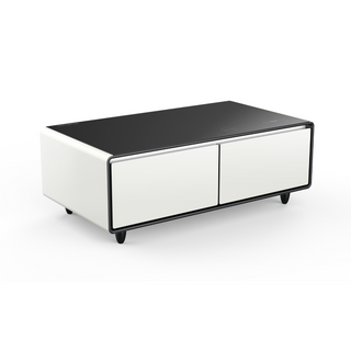 Table Basse Intelligente avec Tiroirs Réfrigérés et Haut-Parleurs Bluetooth - Blanc/Gris Foncé/Brun