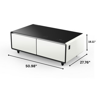 Table Basse Intelligente avec Tiroirs Réfrigérés et Haut-Parleurs Bluetooth - Blanc/Gris Foncé/Brun