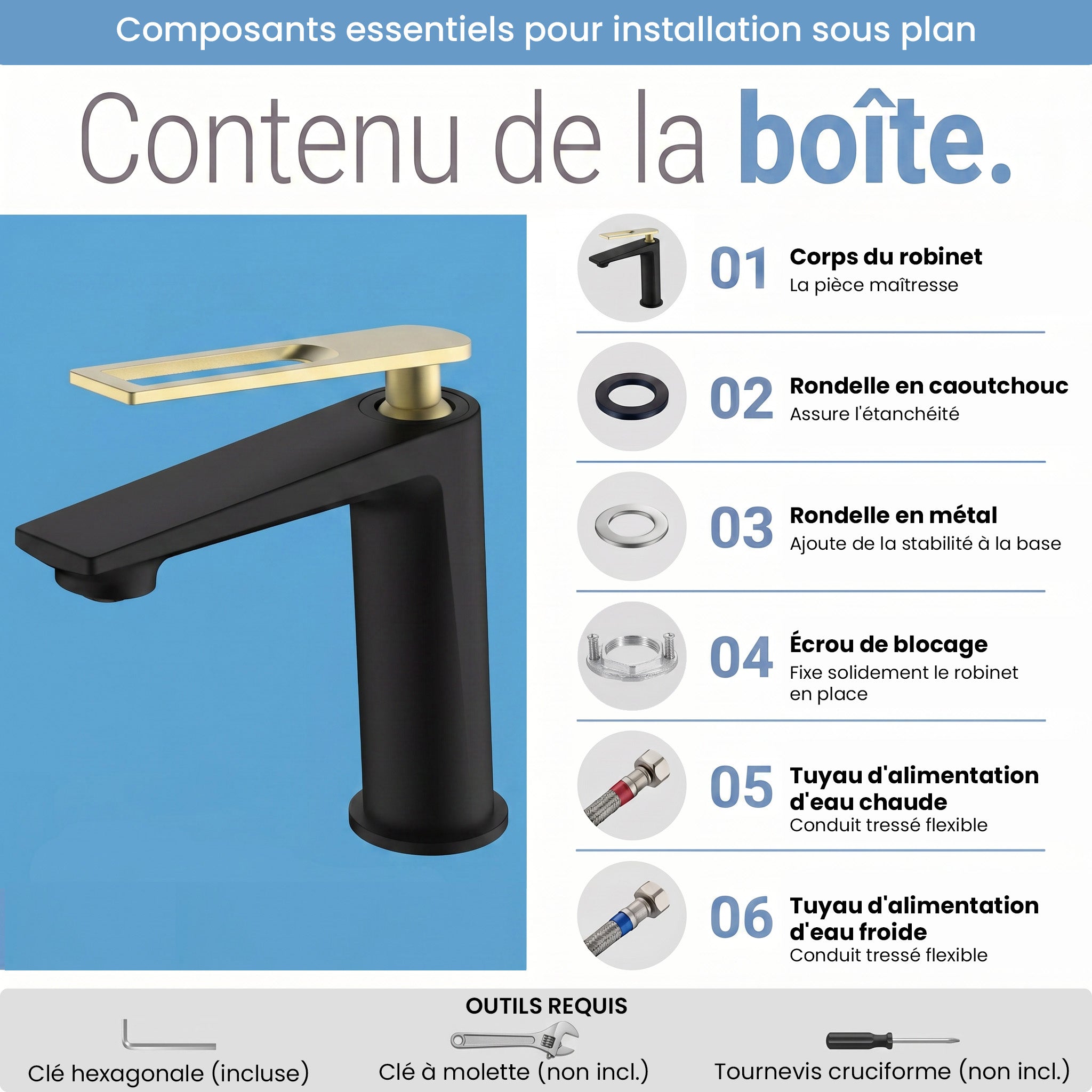 Robinet de Lavabo de Salle de Bains à 1 Poignée Regina en Noir et Or Brossé