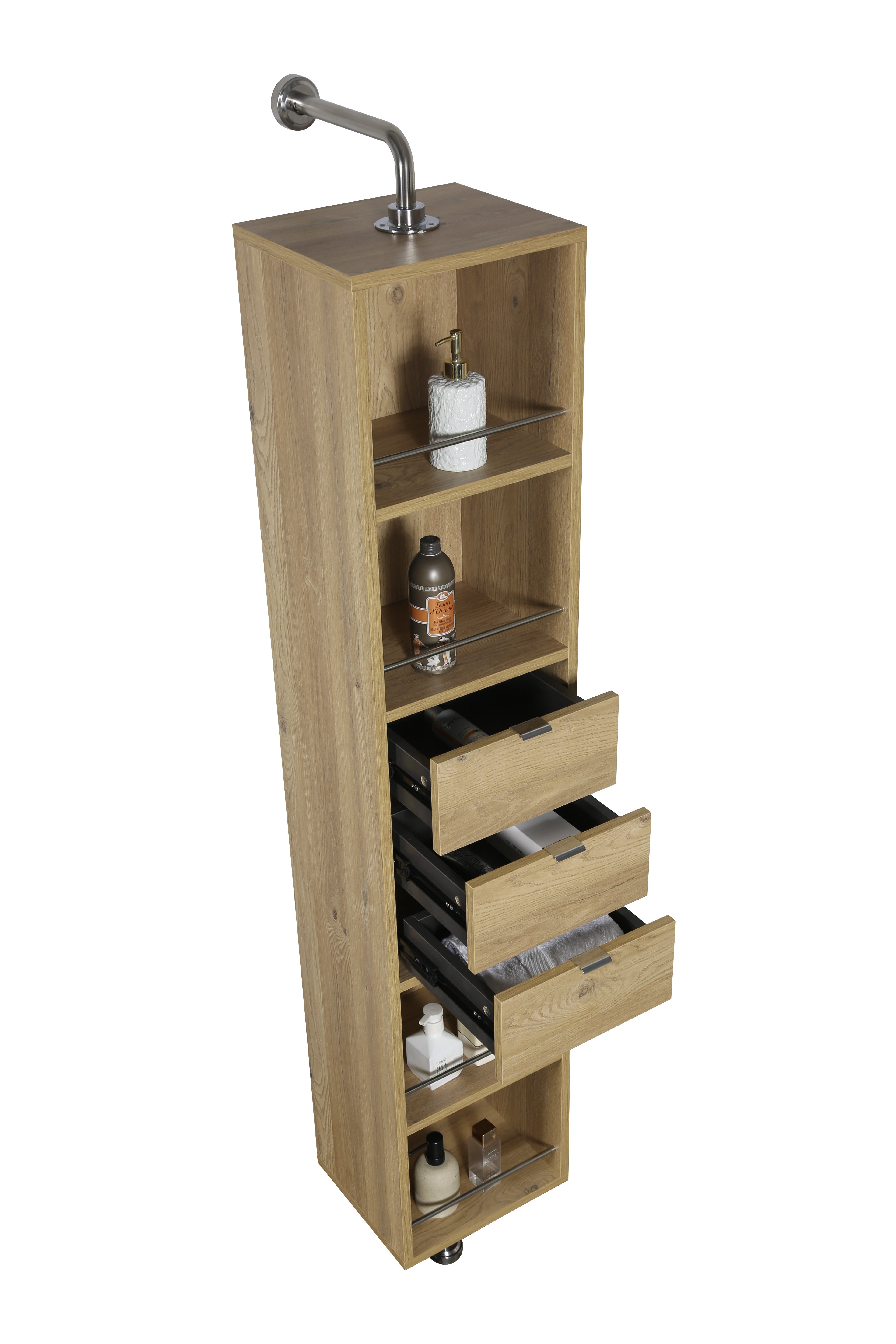 Rotating Linen Cabinet with Shelves and Mirror in Rough Oak Finish
