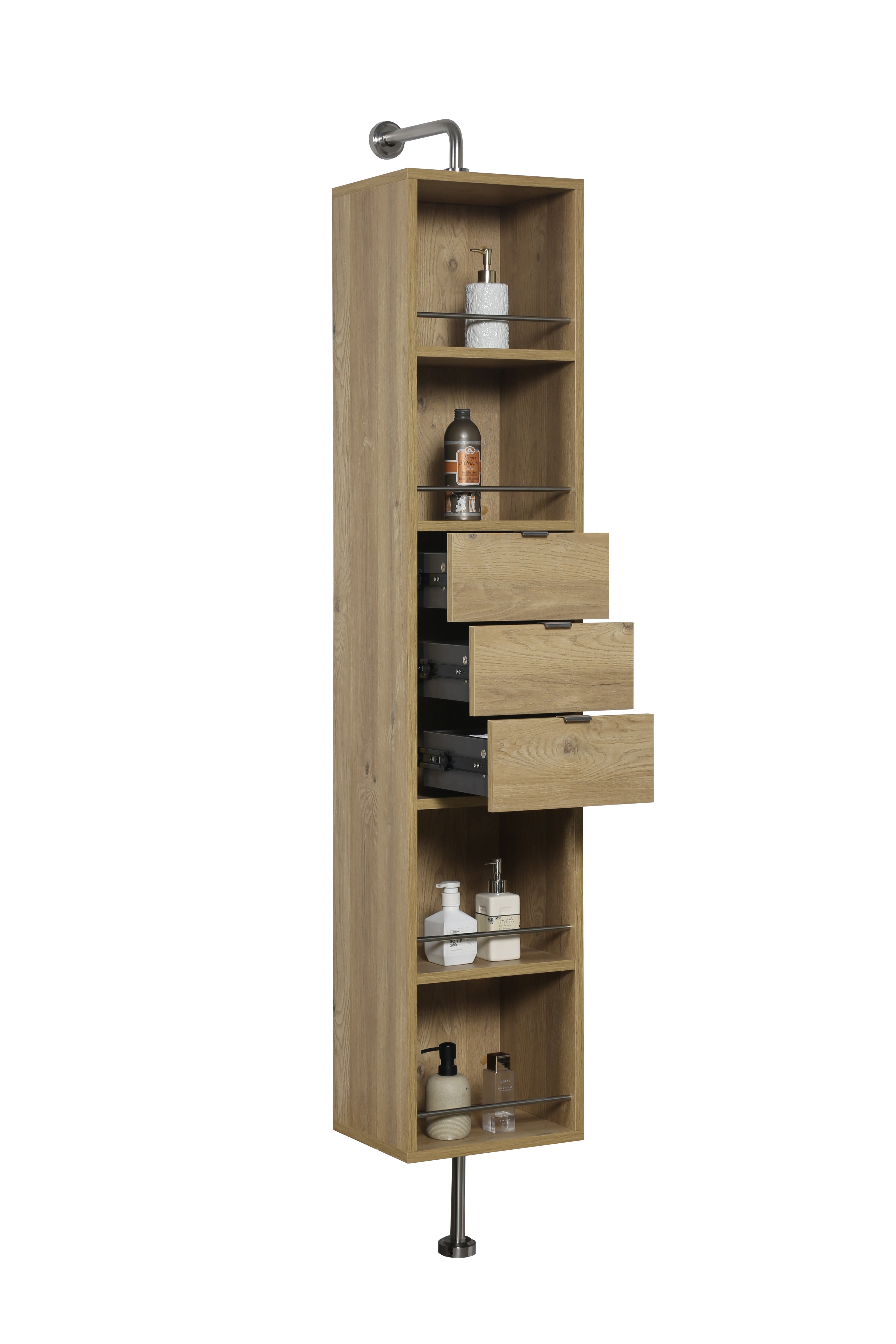 Rotating Linen Cabinet with Shelves and Mirror in Rough Oak Finish