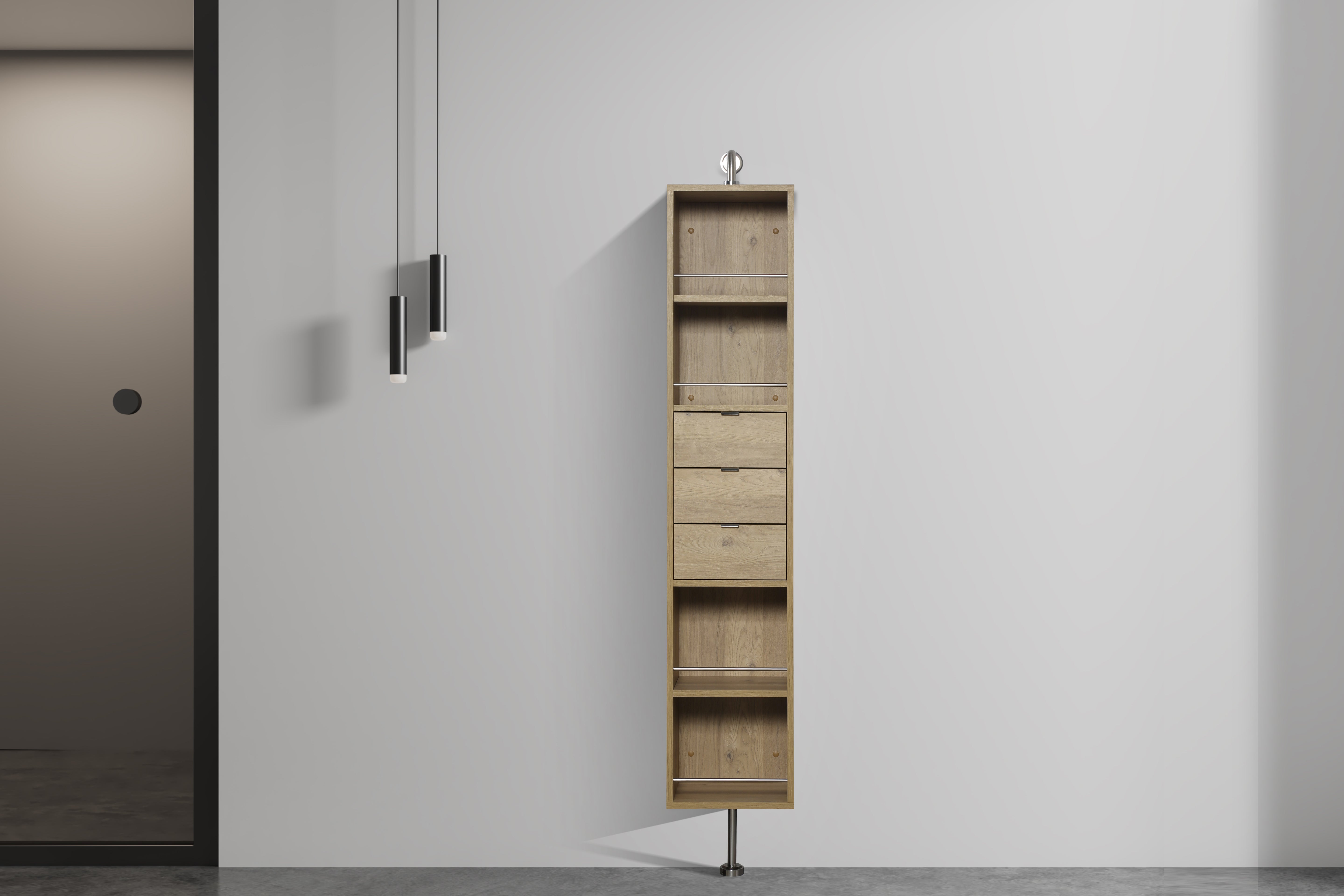 Rotating Linen Cabinet with Shelves and Mirror in Rough Oak Finish