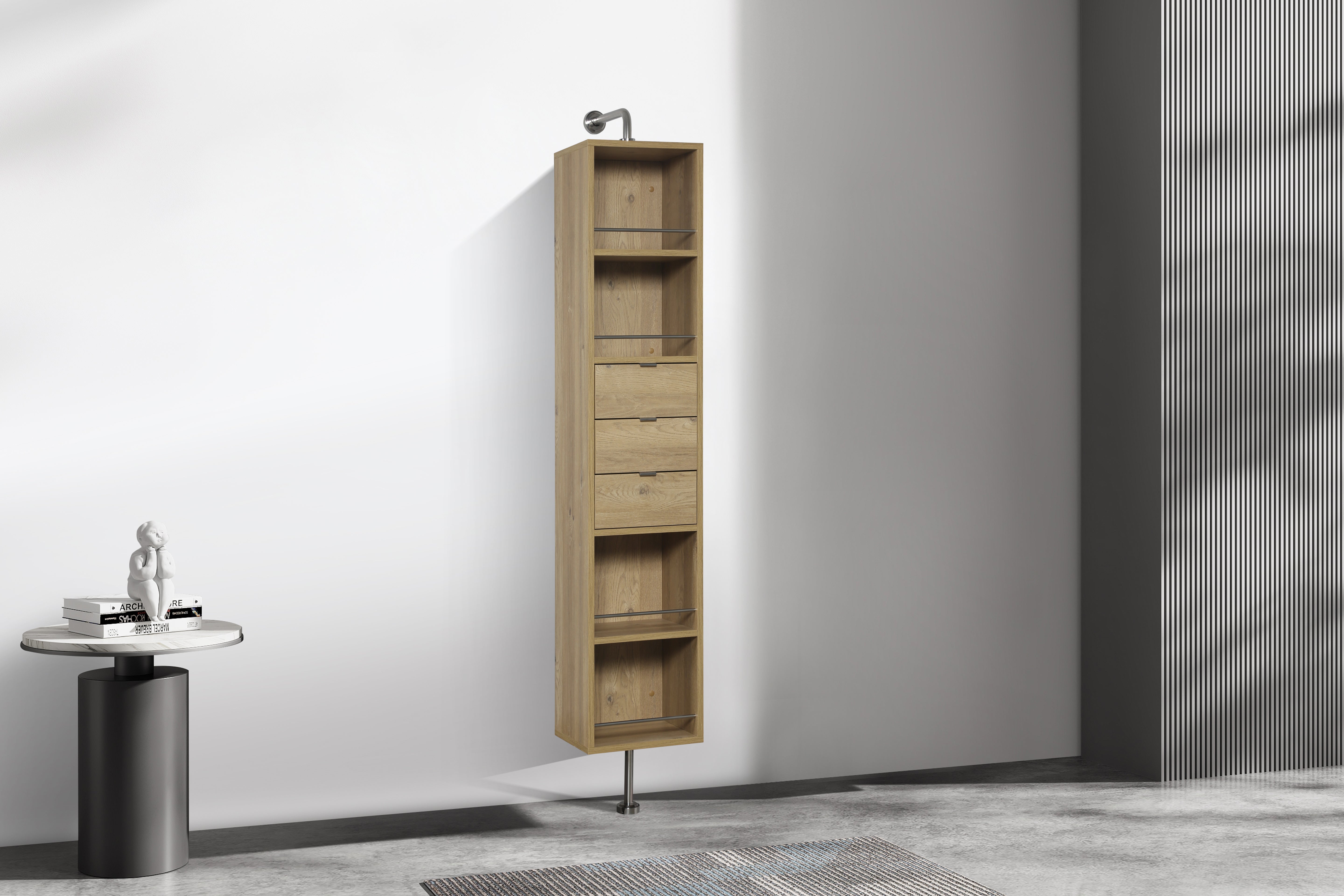 Rotating Linen Cabinet with Shelves and Mirror in Rough Oak Finish