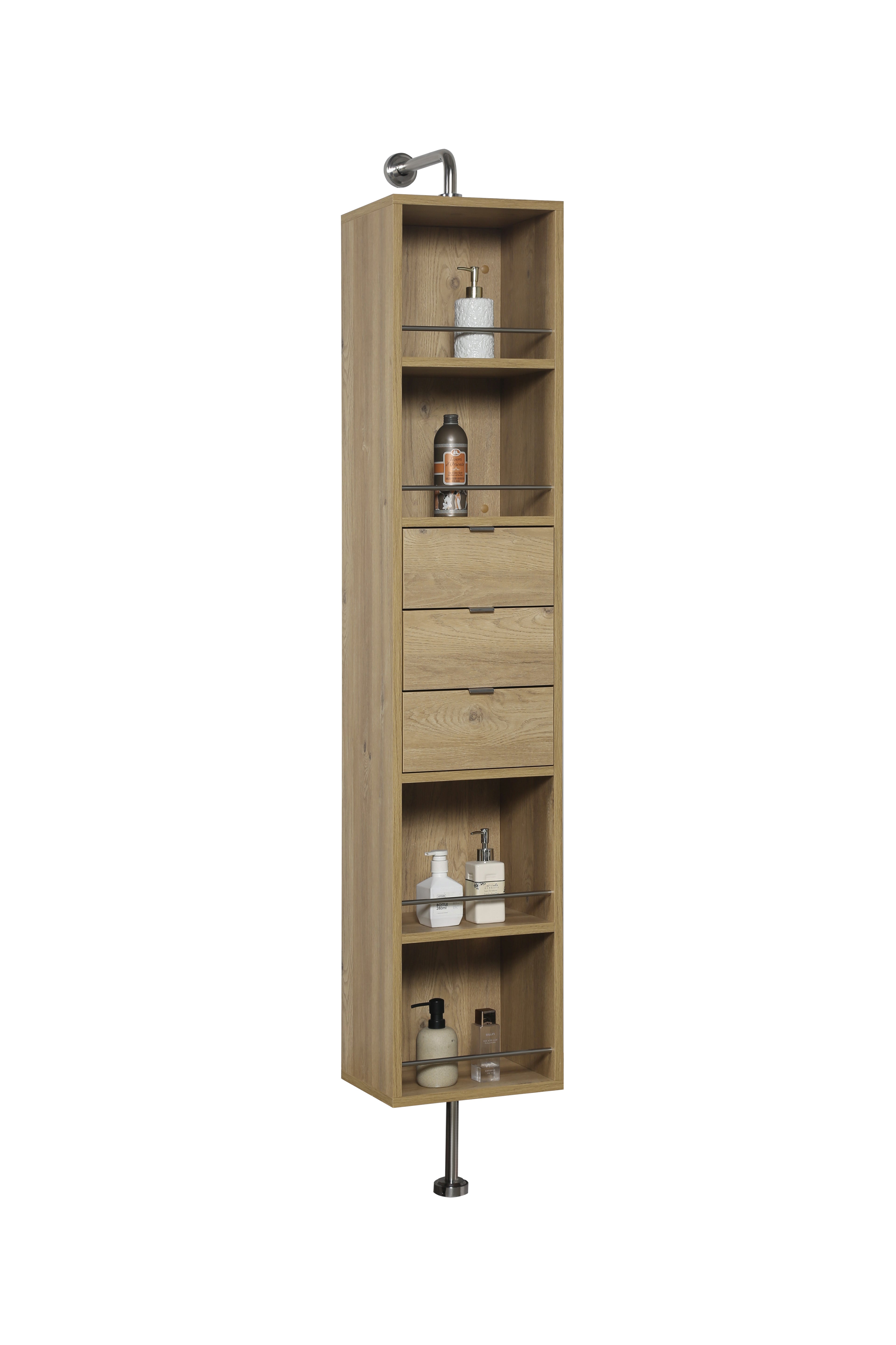Rotating Linen Cabinet with Shelves and Mirror in Rough Oak Finish
