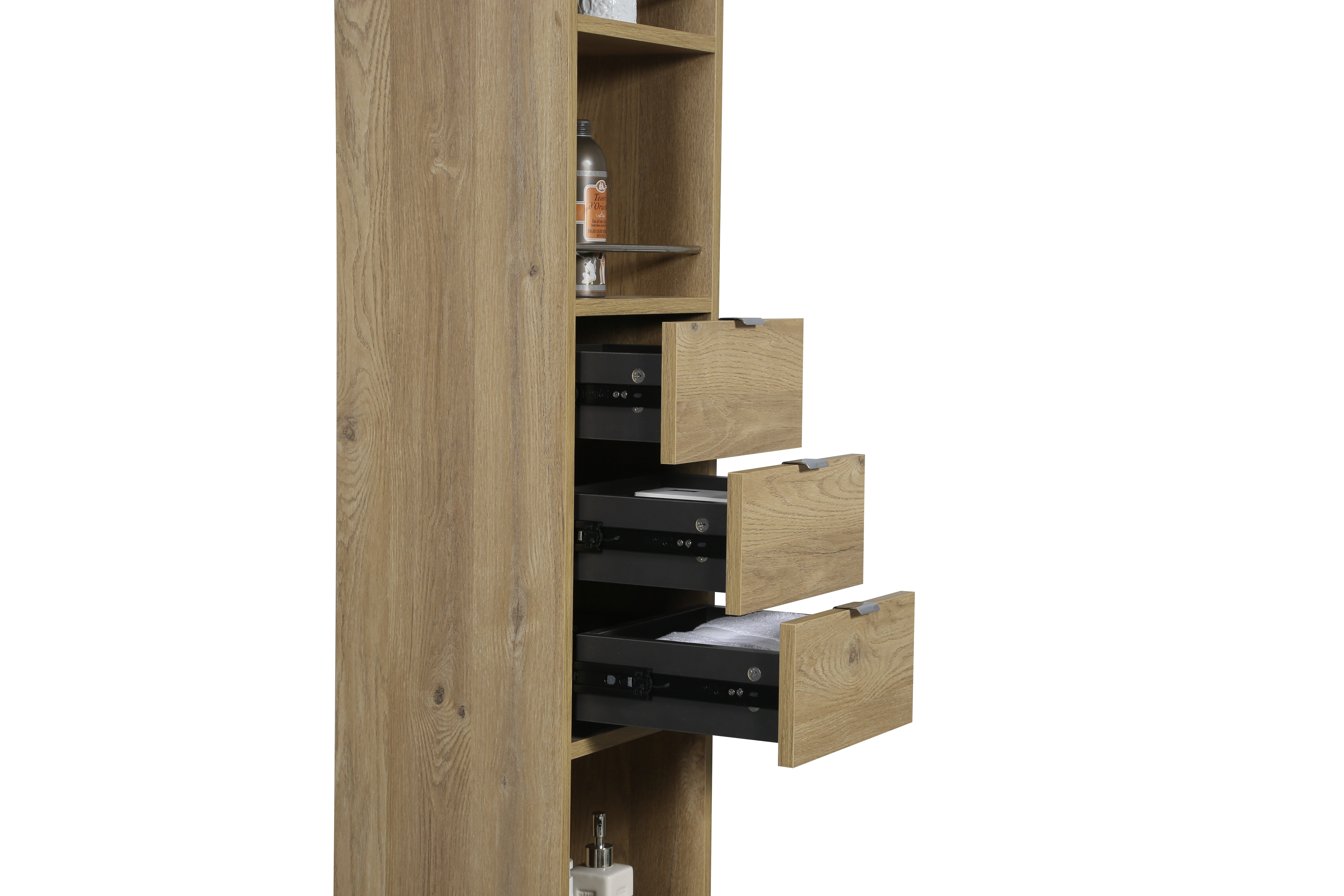 Rotating Linen Cabinet with Shelves and Mirror in Rough Oak Finish