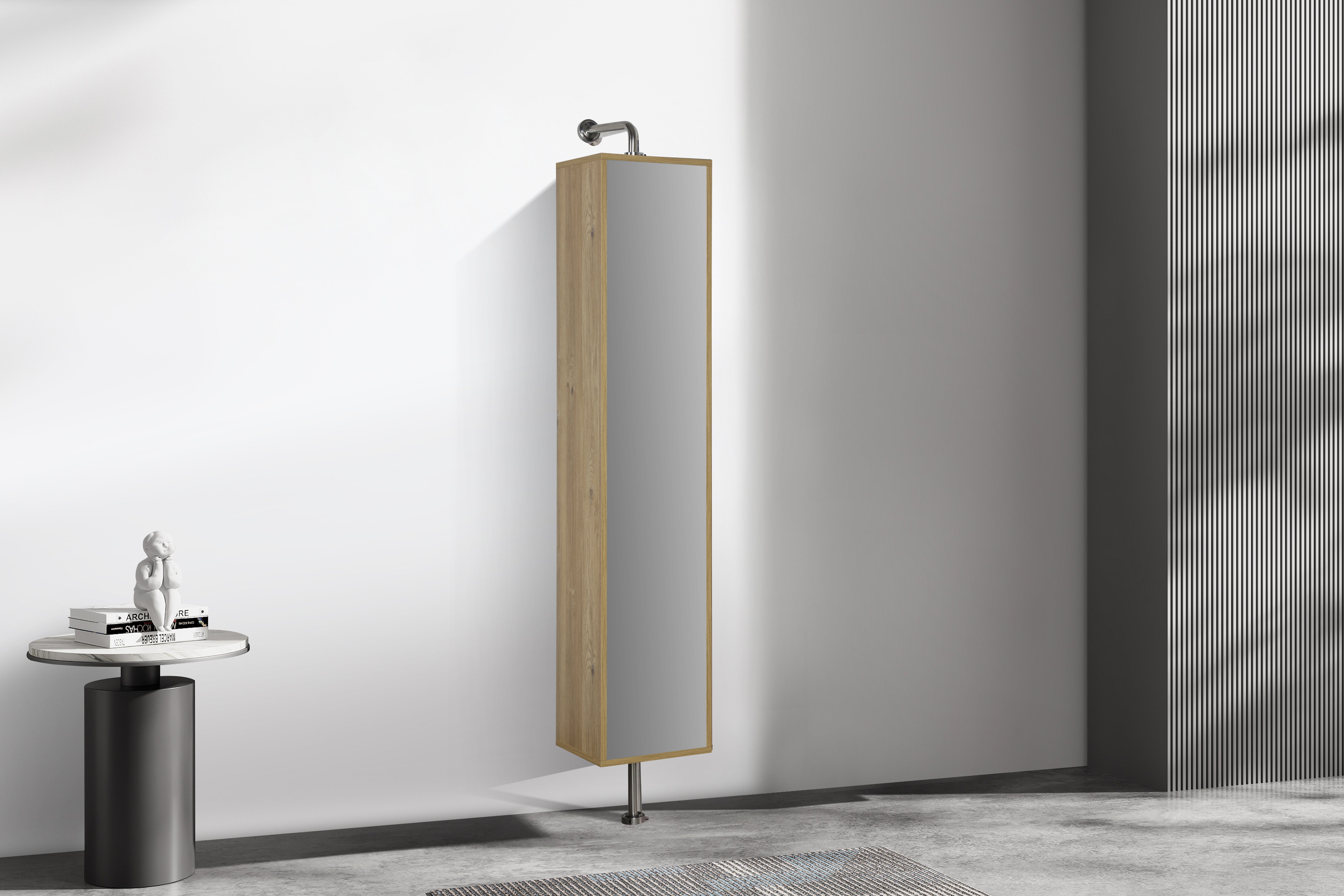 Rotating Linen Cabinet with Shelves and Mirror in Rough Oak Finish