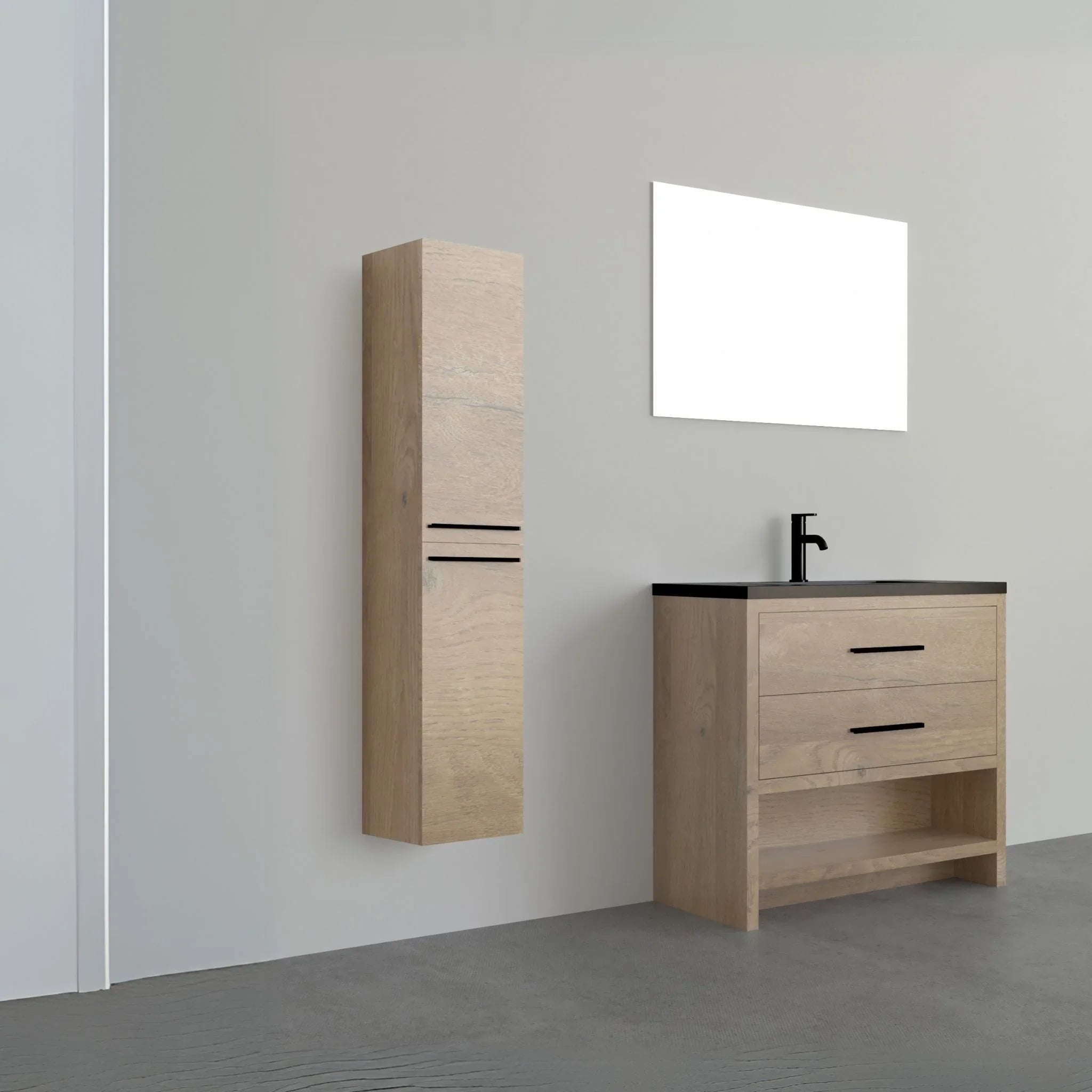 Bathroom Wall Hung Linen Cabinet - Rough Oak with Matte Black Handles