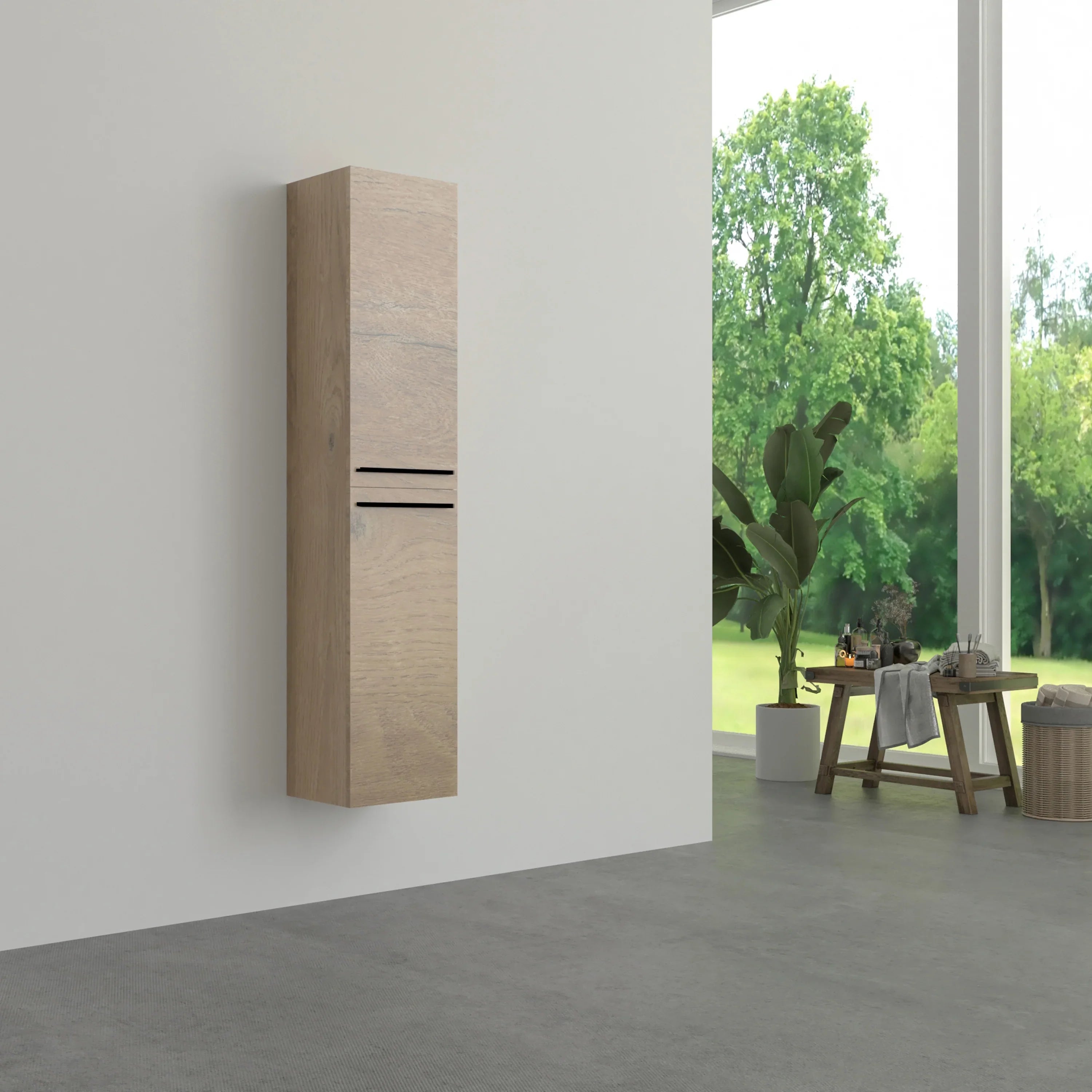 Bathroom Wall Hung Linen Cabinet - Rough Oak with Matte Black Handles