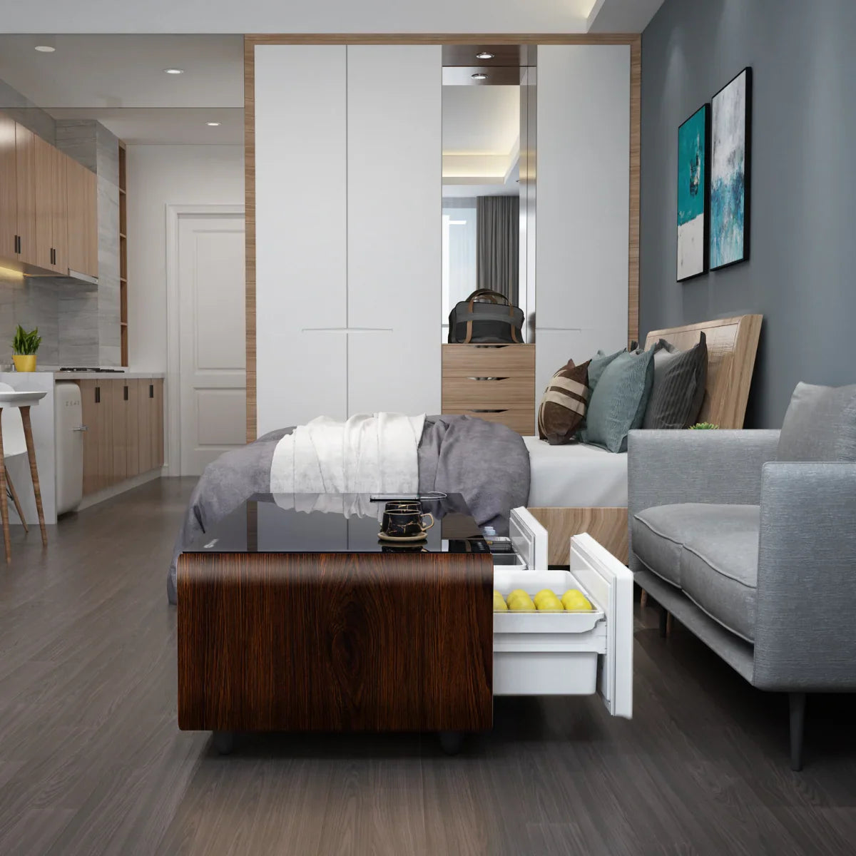 SERA Smart Coffee Table with Refrigerated Drawers, Bluetooth Speakers, Wireless Charging & LED Touch Control - White / Dark Grey / Brown