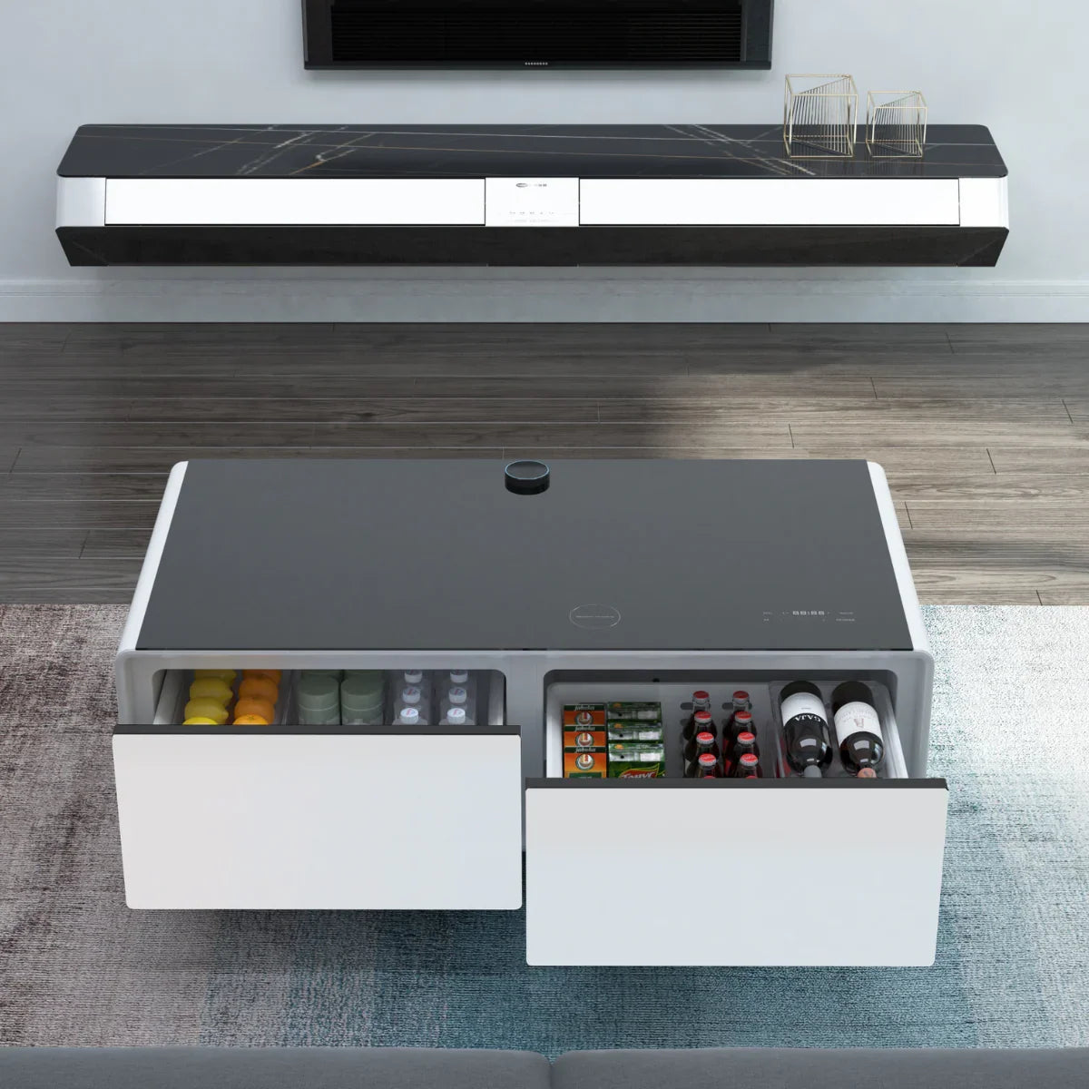 SERA Smart Coffee Table with Refrigerated Drawers, Bluetooth Speakers, Wireless Charging & LED Touch Control - White / Dark Grey / Brown
