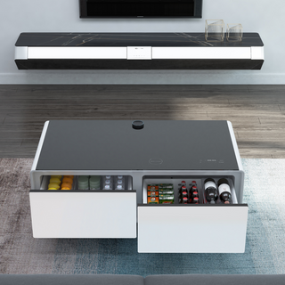 Table Basse Intelligente avec Tiroirs Réfrigérés et Haut-Parleurs Bluetooth - Blanc/Gris Foncé/Brun