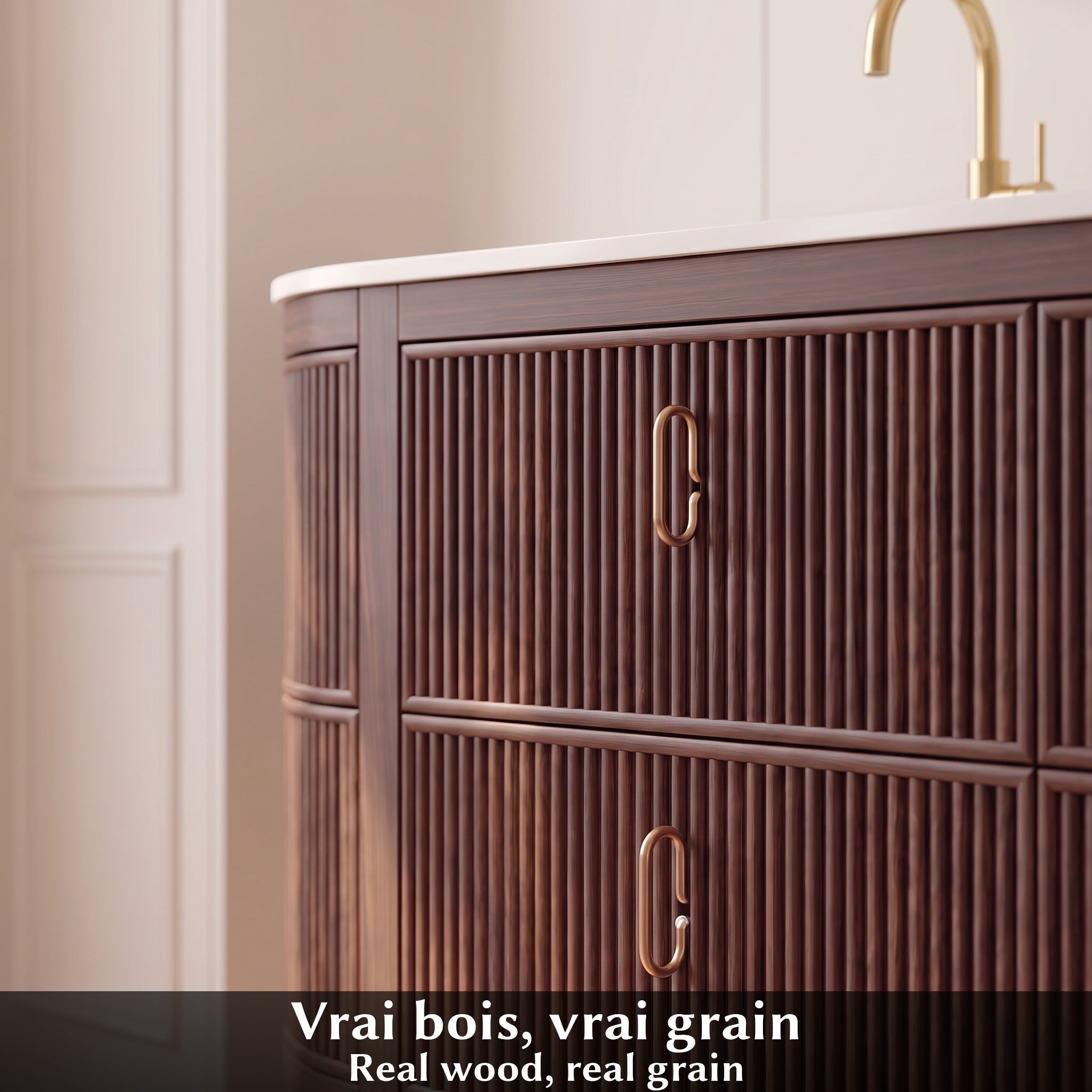 72" Walnut Curved Fluted Bathroom Vanity - Matte White Countertop