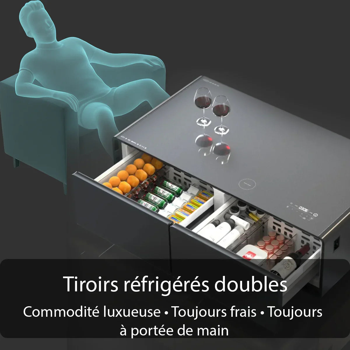 SERA Smart Coffee Table with Refrigerated Drawers, Bluetooth Speakers, Wireless Charging & LED Touch Control - White / Dark Grey / Brown