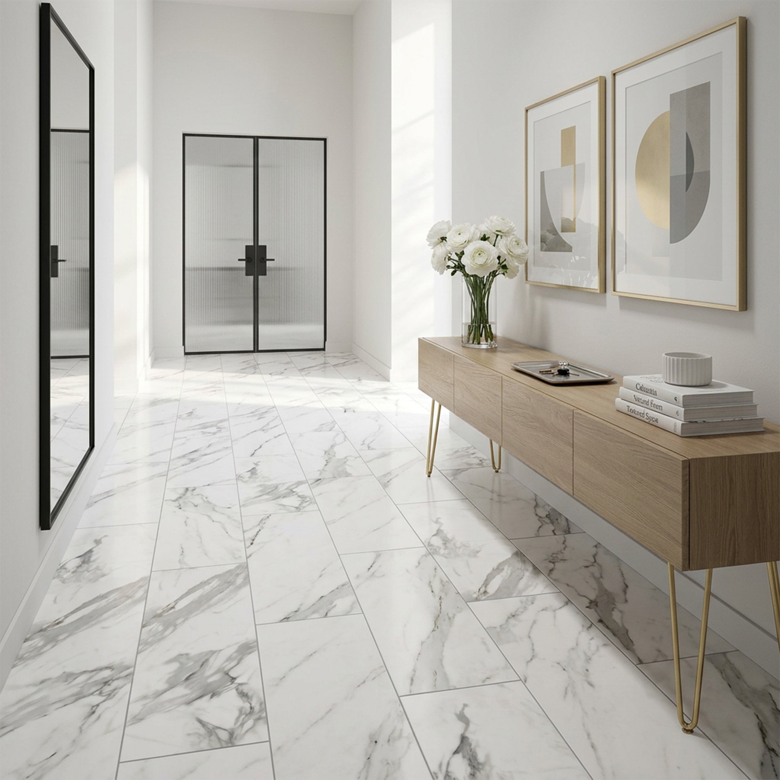 Carreaux de Vinyle de Luxe True Grout, Marbre de Carrare Blanc Mat, 5 mm, SPC | 12 po x 48 po