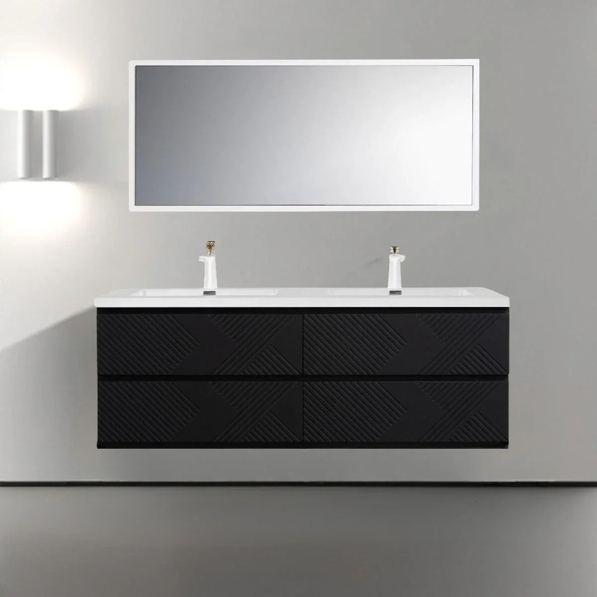 Meuble-lavabo mural noir 60" avec Comptoir en polymarbre blanc