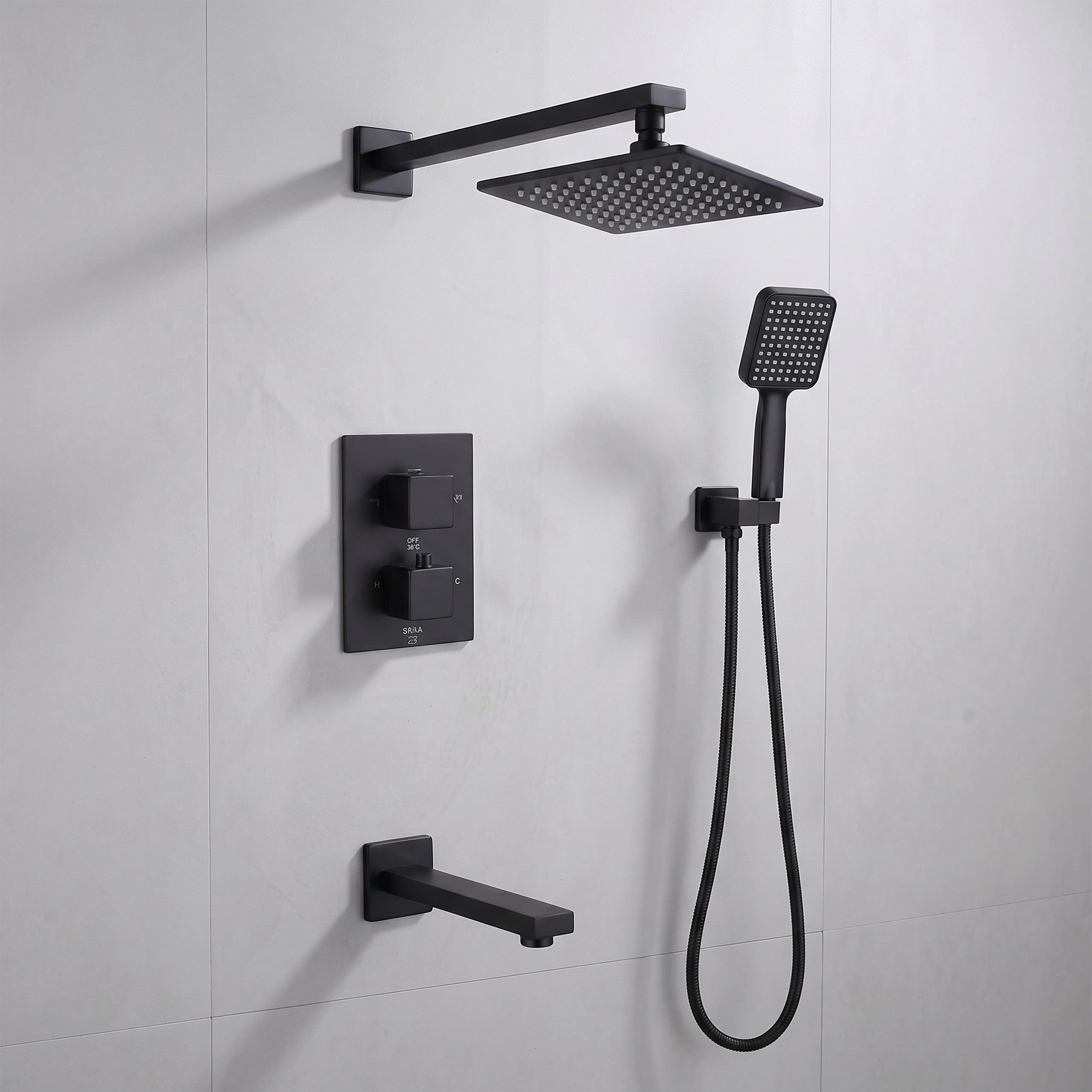 Ensemble de douche thermostatique Bali noir mat 3 fonctions avec pomme de pluie