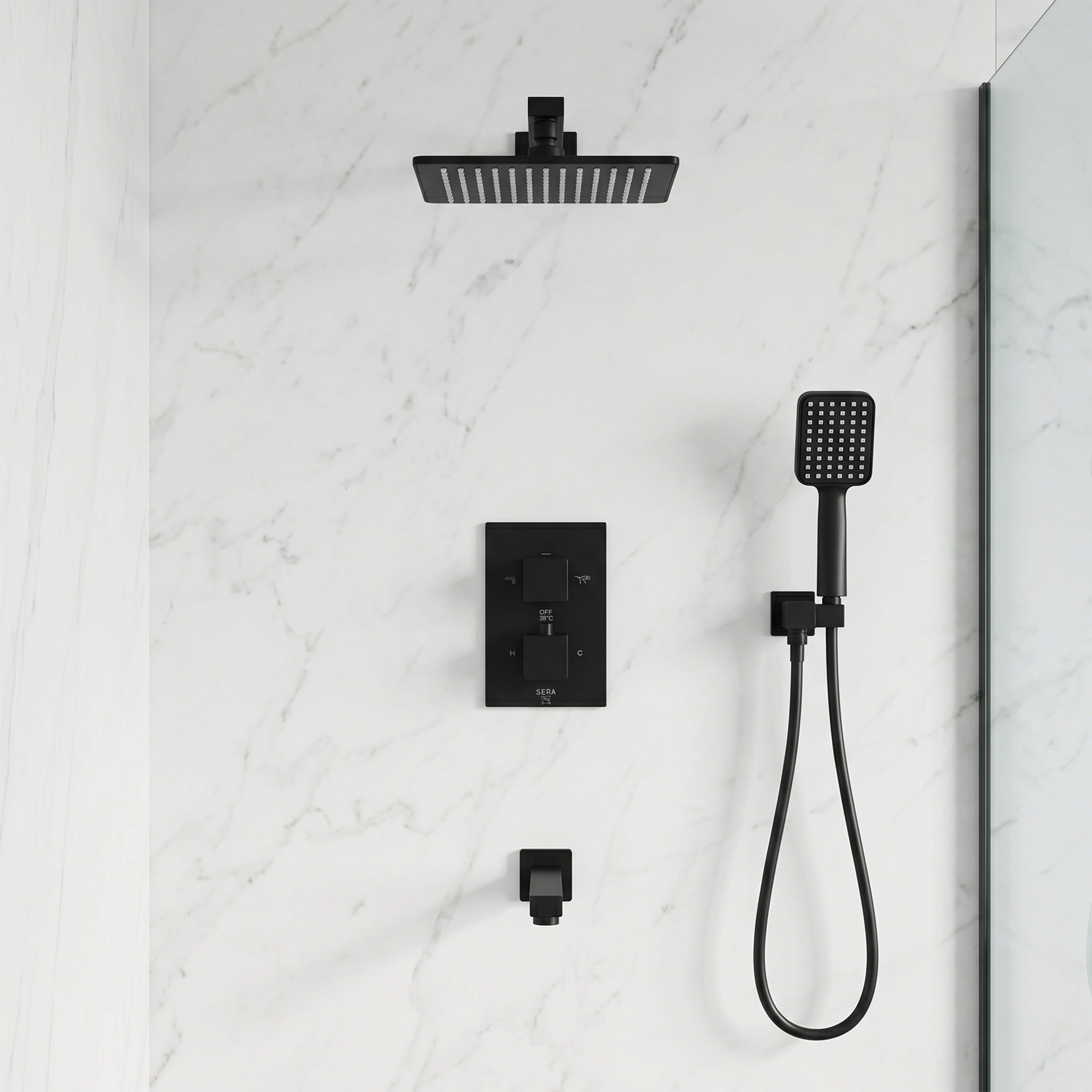 Ensemble de douche thermostatique Bali noir mat 3 fonctions avec pomme de pluie