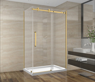 48"W x 32"D x 75"H x 10mm Porte de Douche Coulissante Réversible en Alcôve Quincaillerie Carrée en or brossé avec Panneau Latéral de 32 po